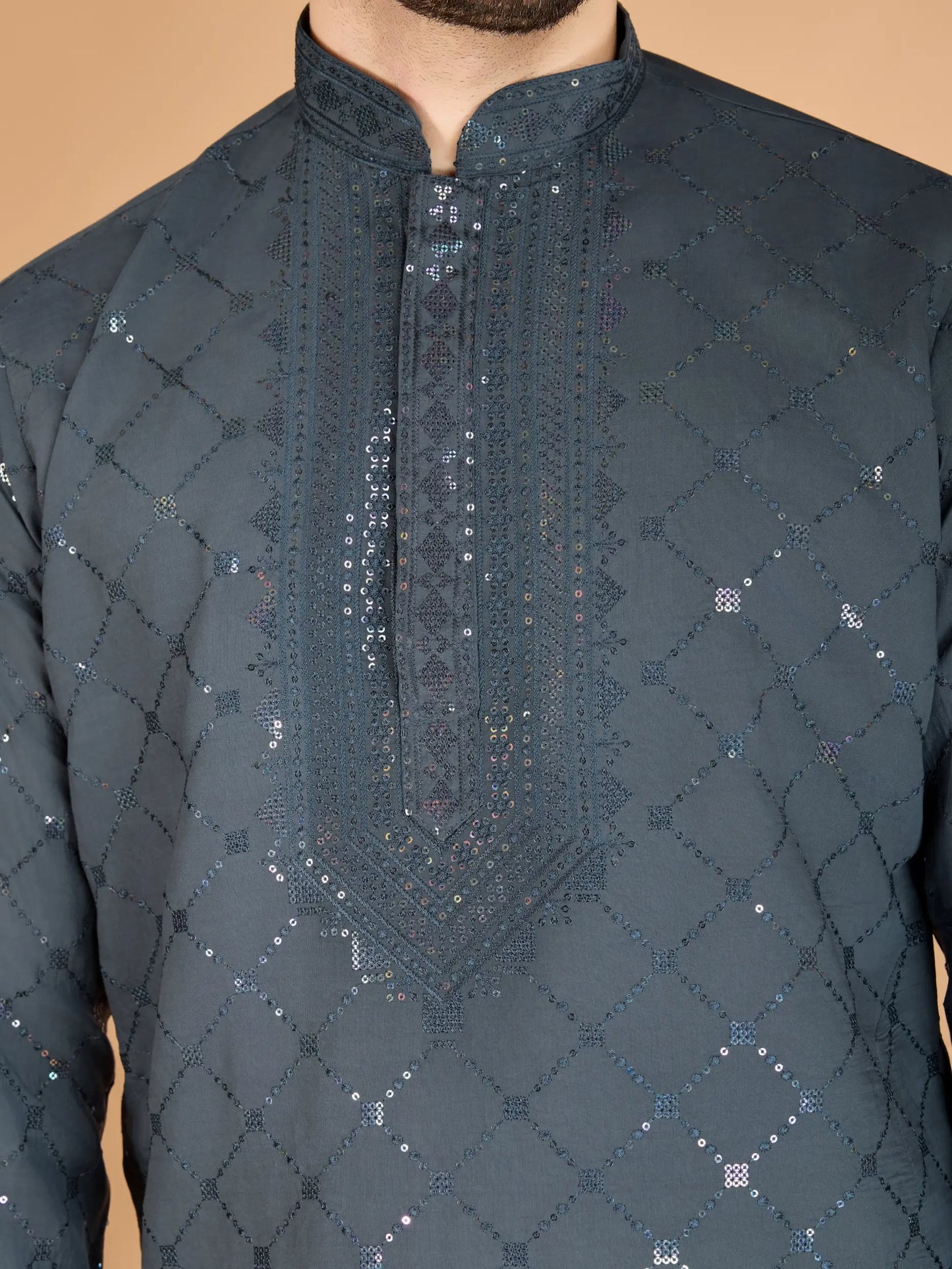 Grey Silk Thread & Sequins Embroidered Work Kurta With Dupatta