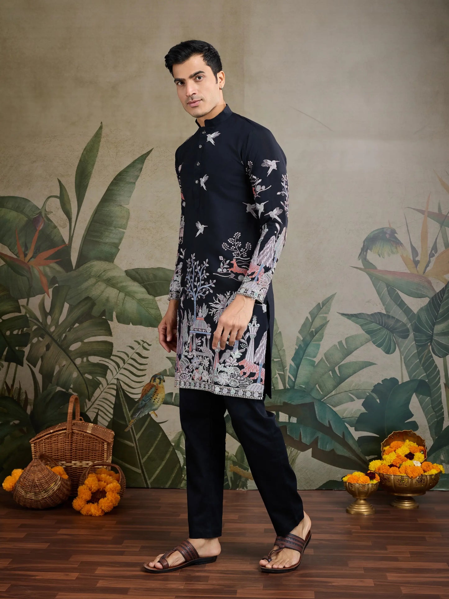 Black Viscose Silk Thread & Sequence Embroidered Work Kurta With Pant