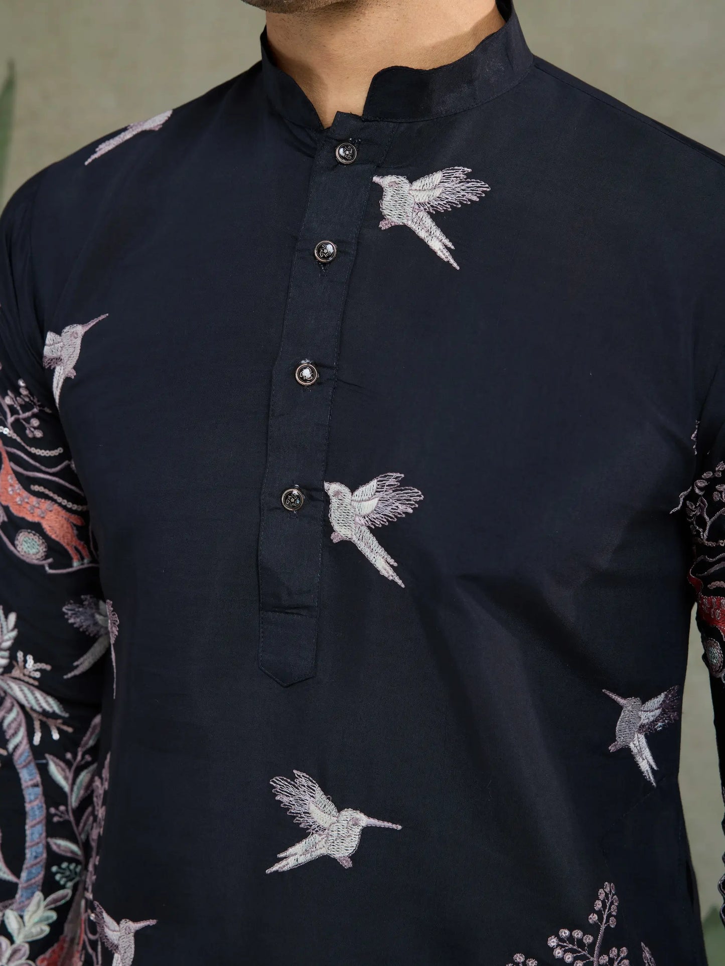Black Viscose Silk Thread & Sequence Embroidered Work Kurta With Pant