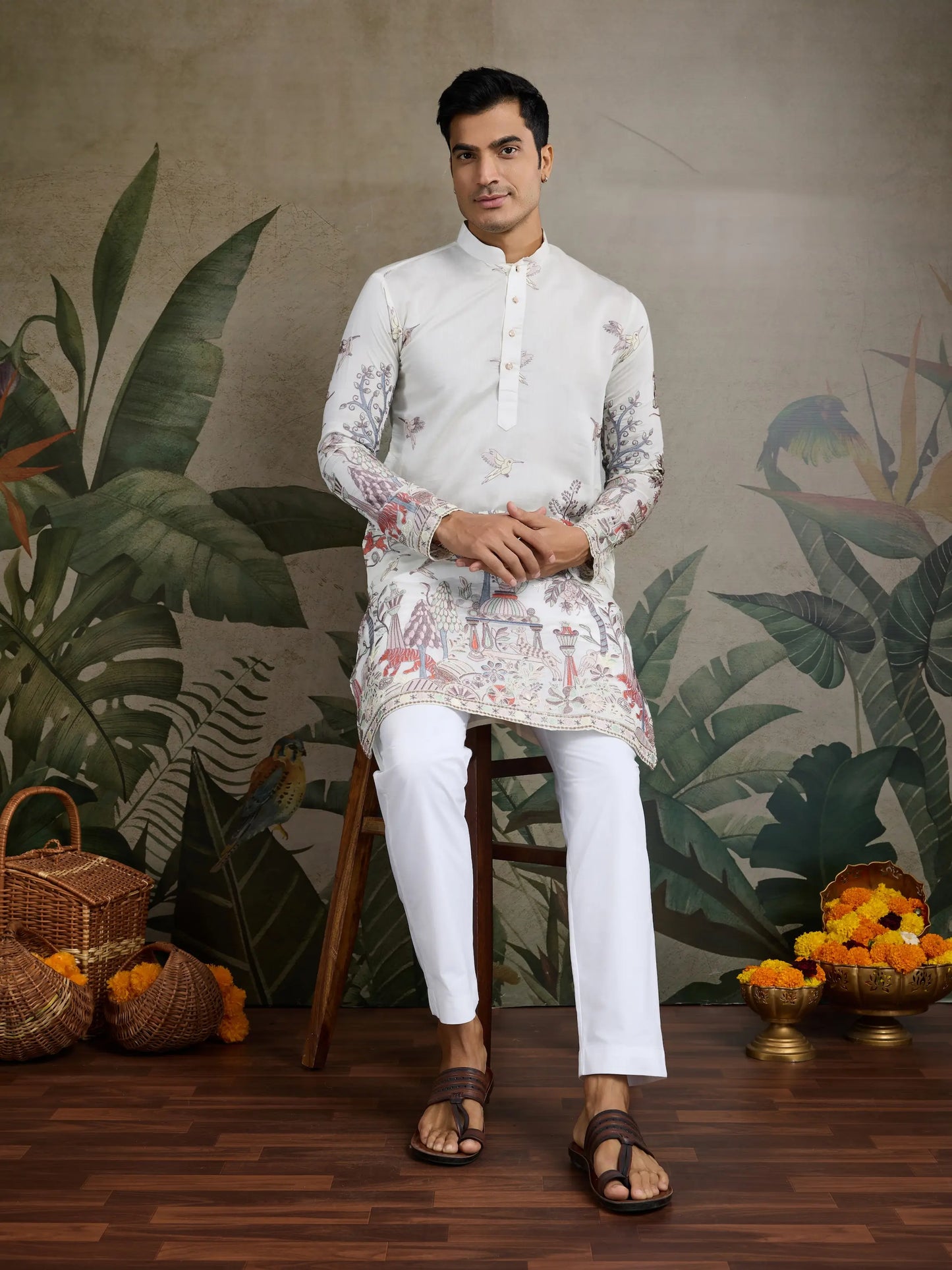 White Viscose Silk Thread & Sequence Embroidered Work Kurta With Pant
