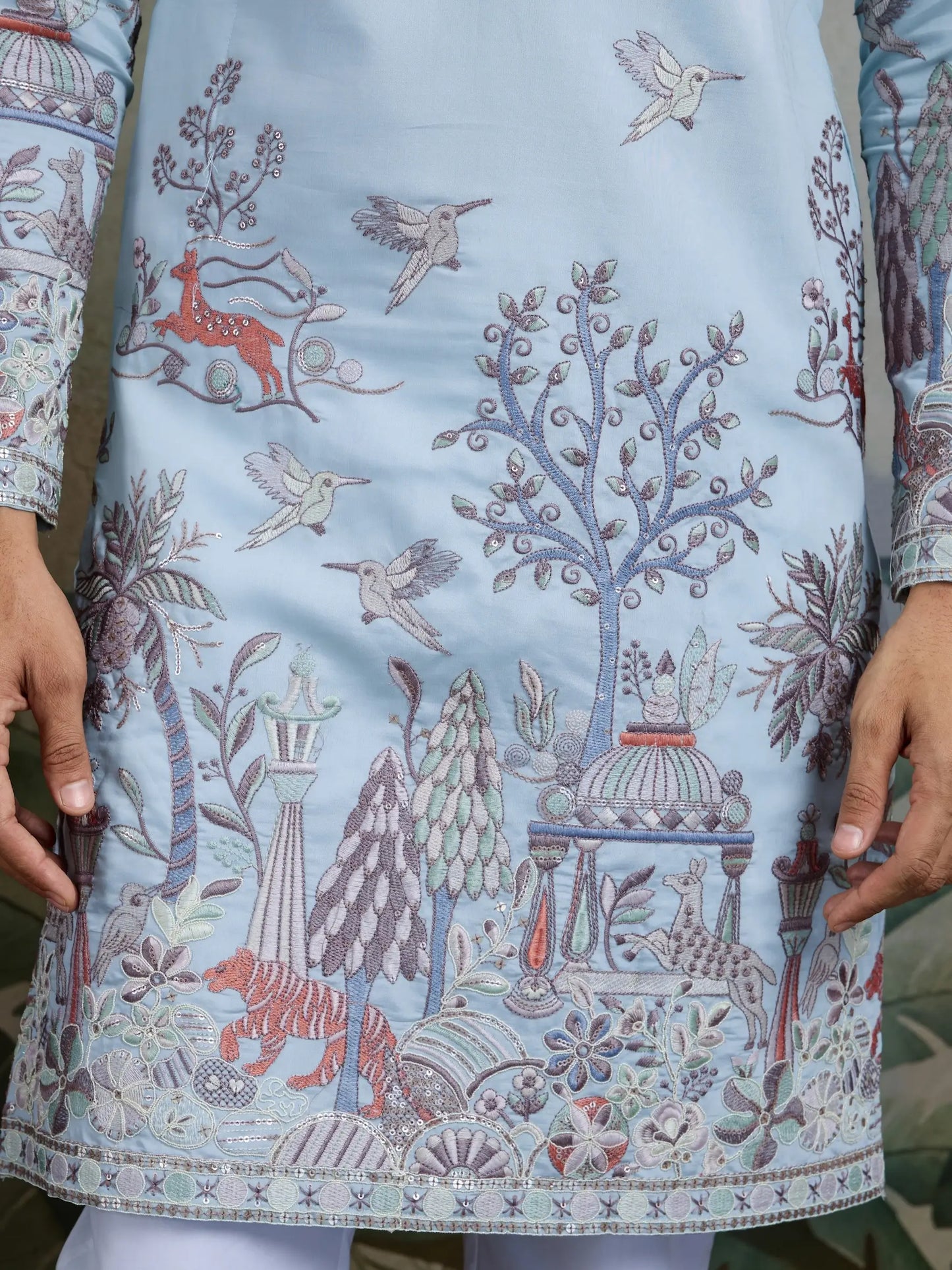 Sky Viscose Silk Thread & Sequence Embroidered Work Kurta With Pant