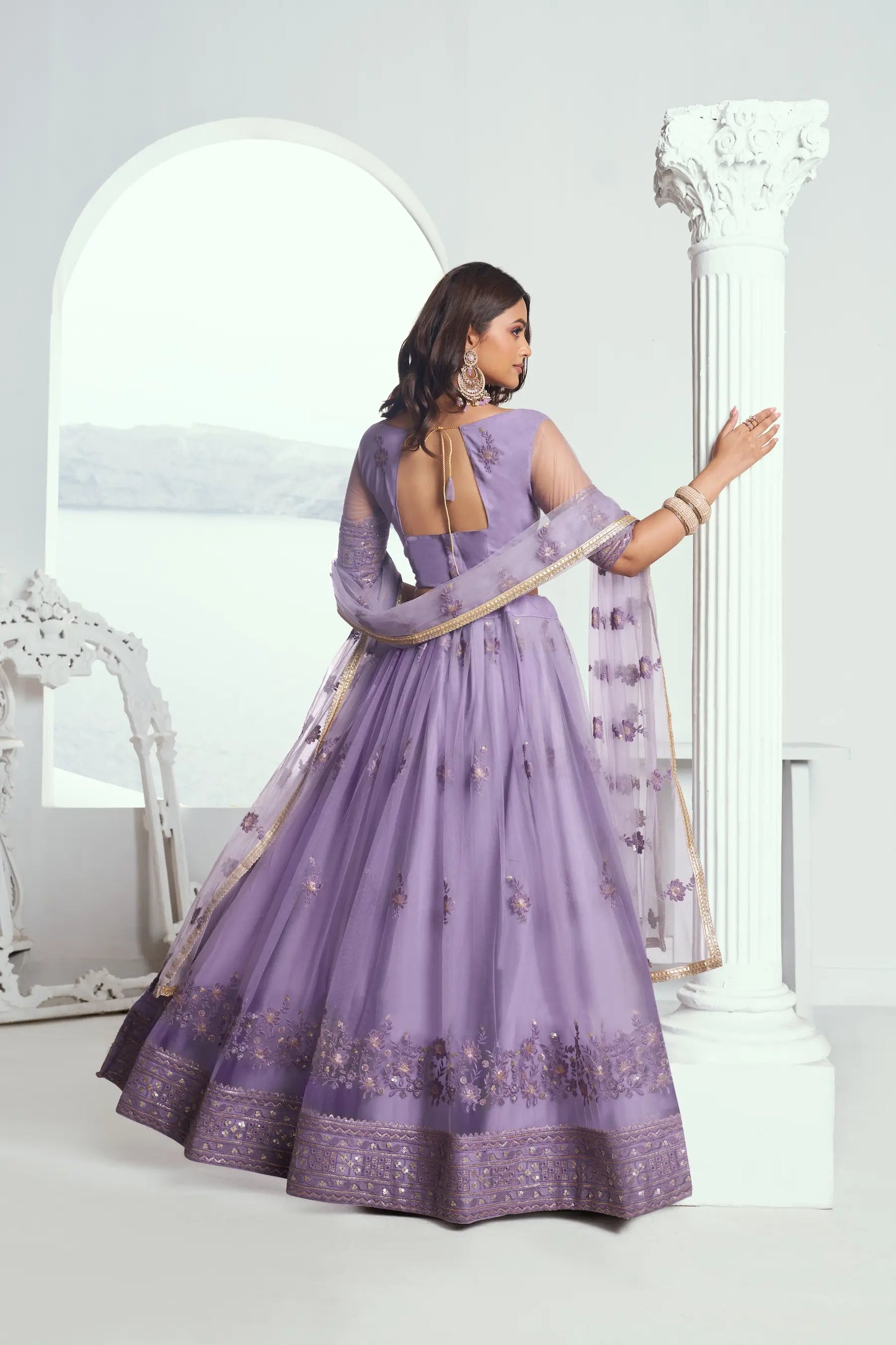 Lavender Net Lehenga Choli with Cotton Thread Work & Sequence Embroidery Work