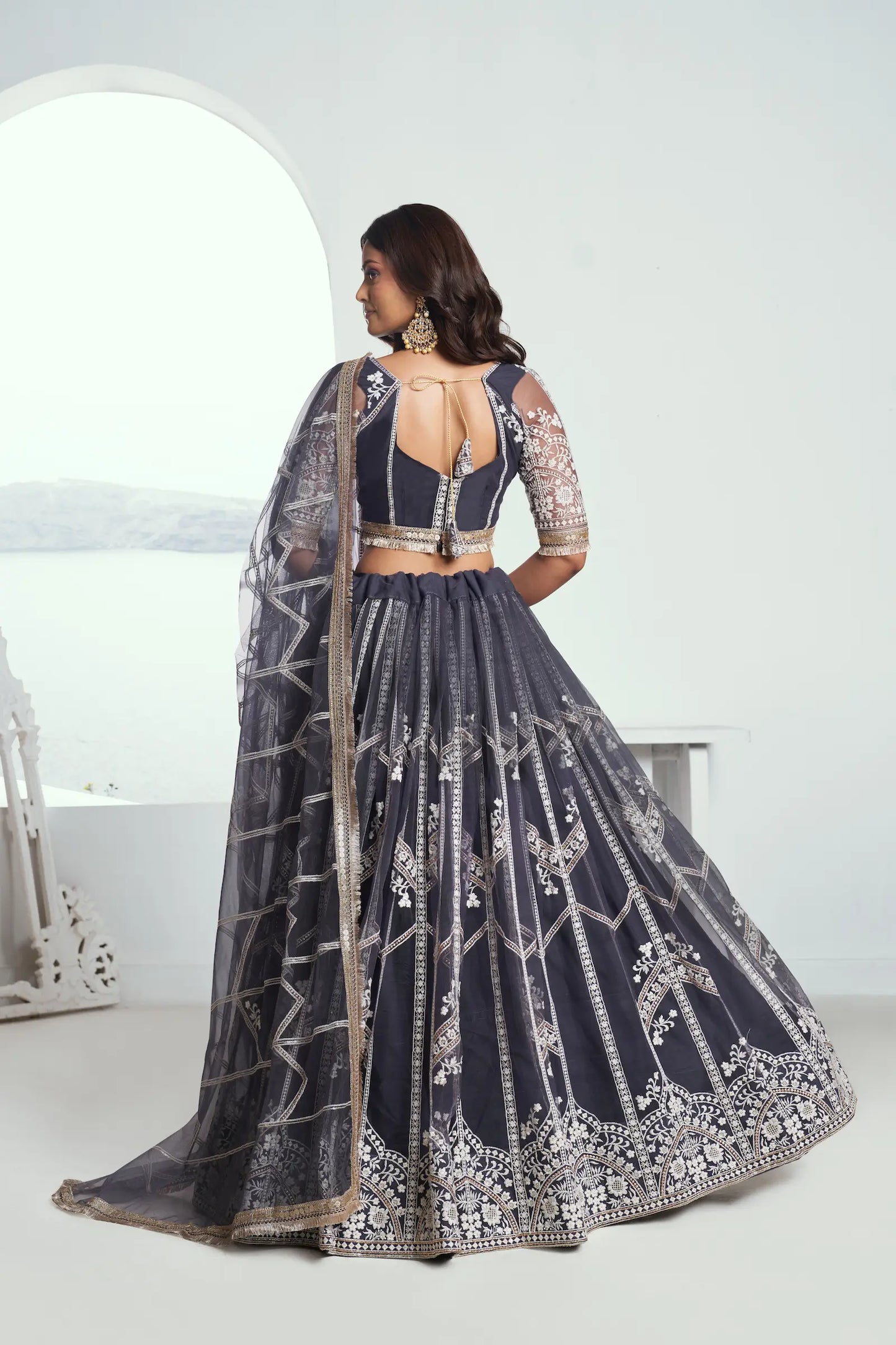Dark Grey Net Lehenga Choli With Sequence & Cotton Thread Work Embroidery Work