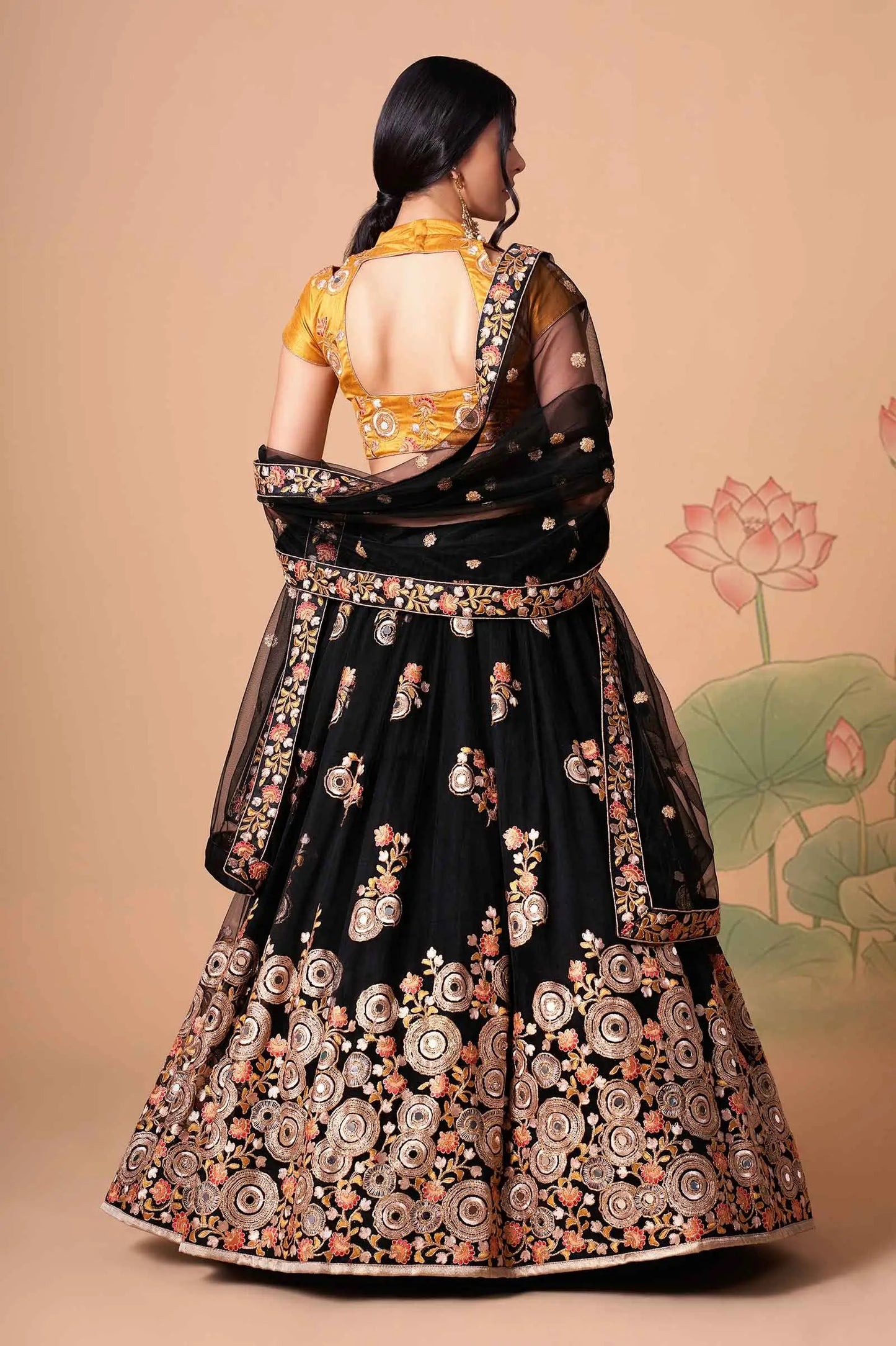 Black Soft Net Lehenga With Thread Zari Dori And Sequins Embroidery With Mirror Work