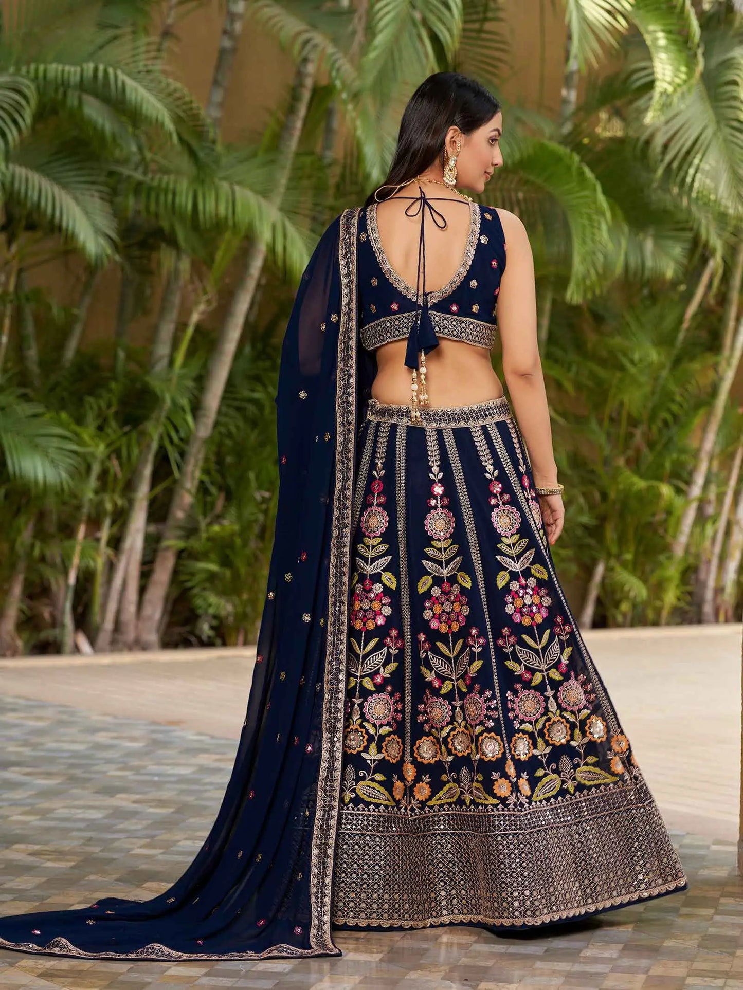 Navy Blue Georgette Lehenga With Multi Color Thread Zari Dori And Sequins Embroidery Work
