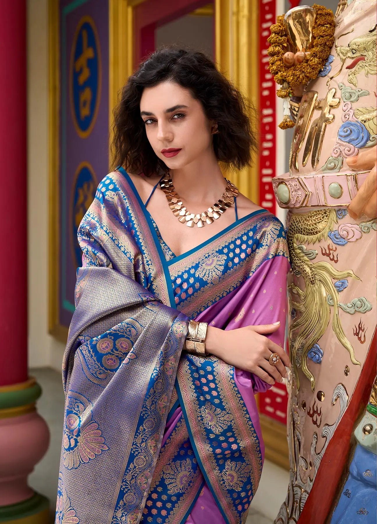 Lavender Silk Saree with Banarasi Zari Weaving & Contrast Border