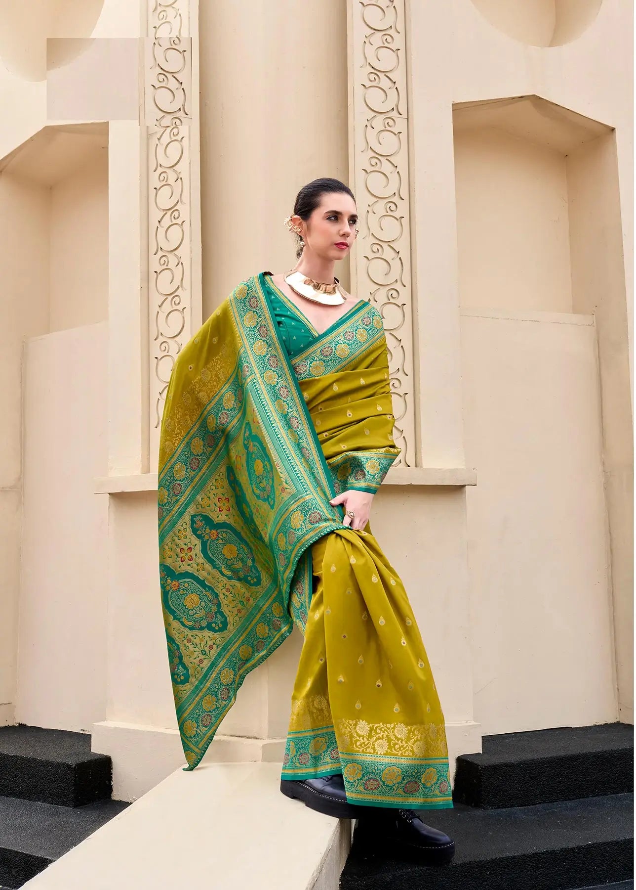 Yellow Pure Banarasi Silk Saree with Zari Weaving & Contrast Border