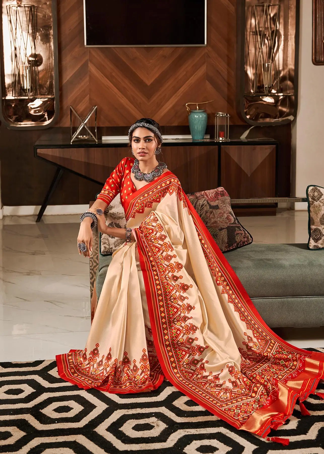 Beige Handloom Silk Saree with Patola Print & Tassel Pallu