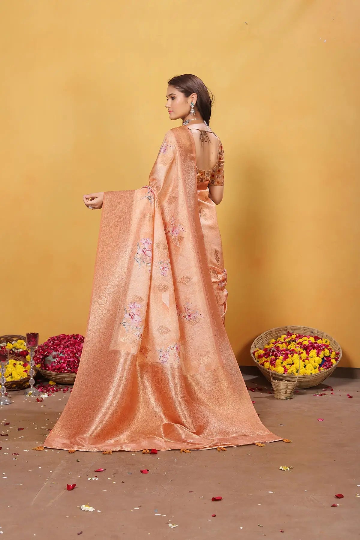 Orange Soft Bamber Weaving Saree with Digital Print & Rich Pallu