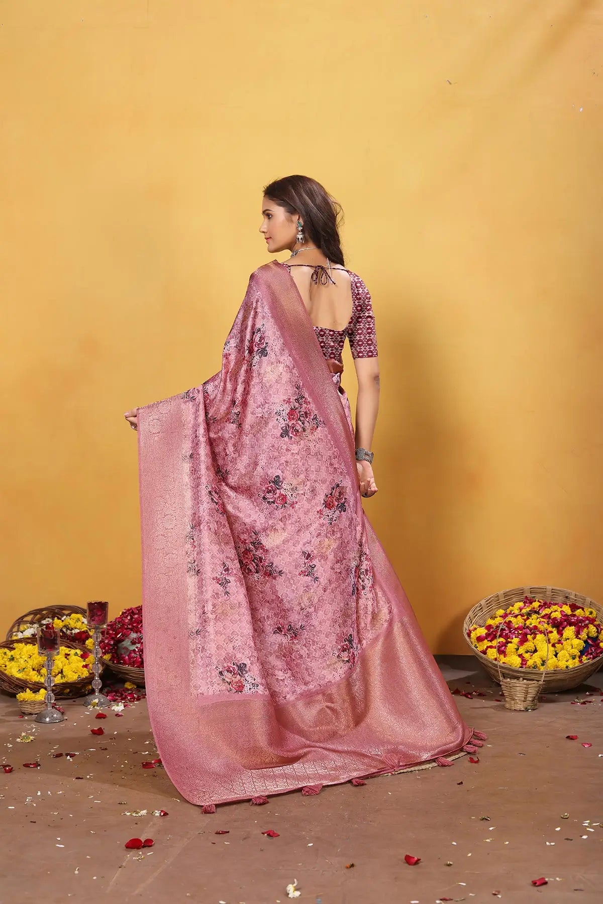 Peach Pink Soft Bamber Weaving Saree with Digital Print & Rich Pallu