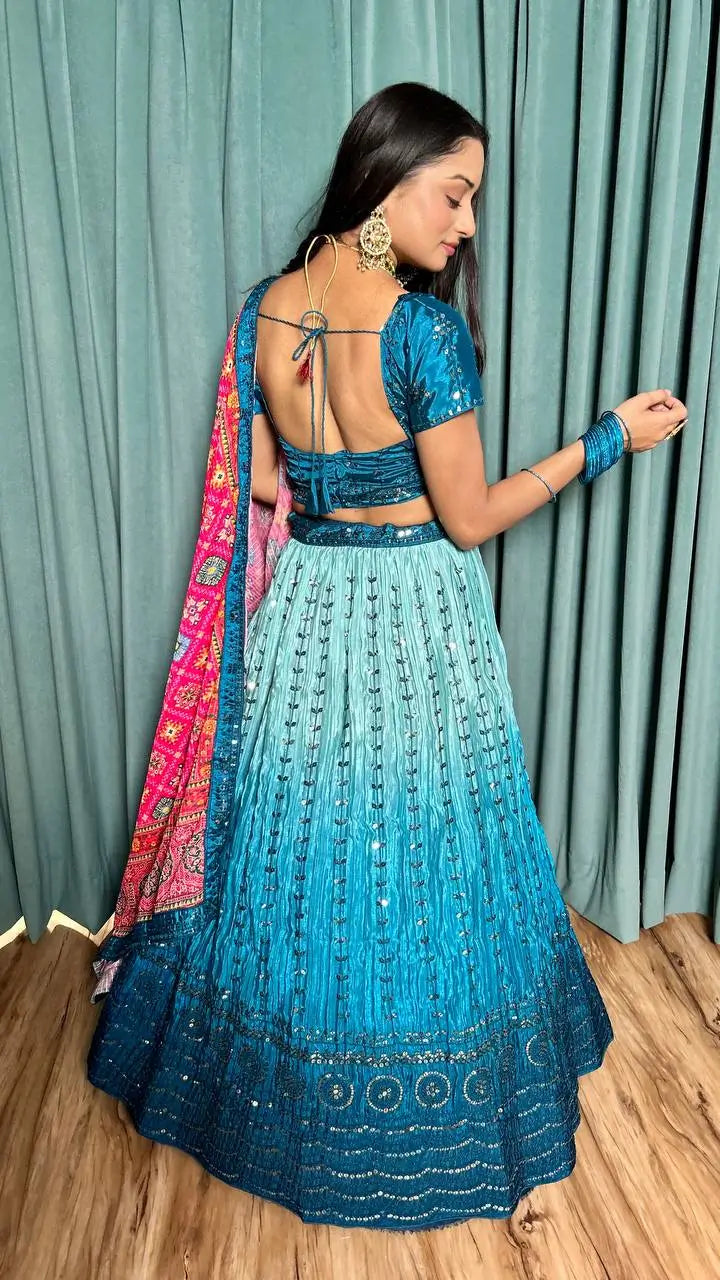 Blue Chinon Silk Thread with Sequence Embroidery Work Lehenga Choli