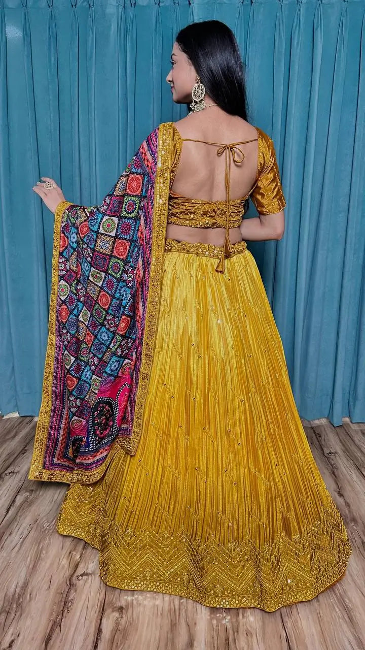 Yellow Chinon Silk Thread with Sequence Embroidery Work Lehenga Choli