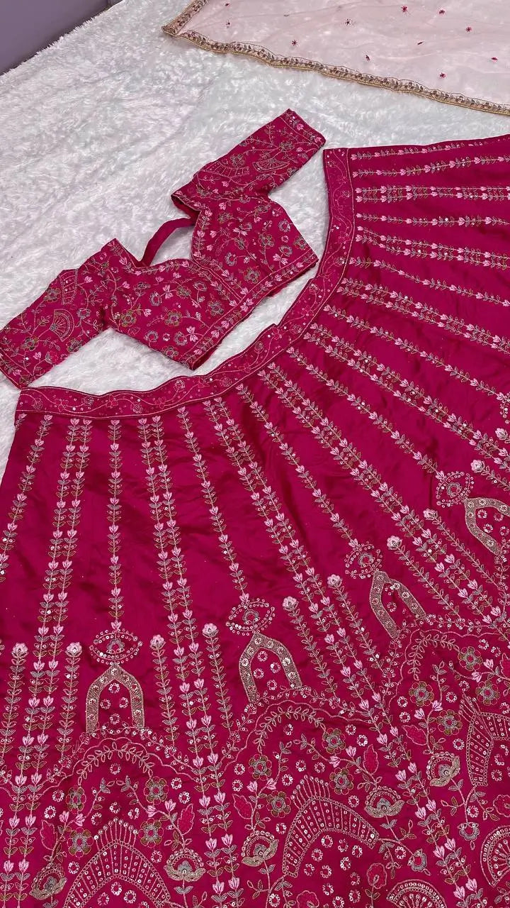 Hot Pink Slub Silk Lehenga Choli With Sequence, Thread & Dori Work