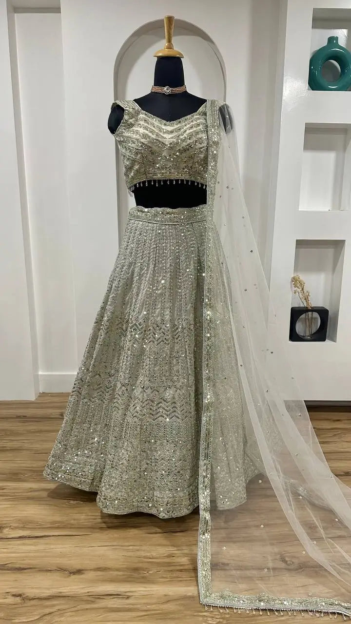 Off White Georgette Lehenga Choli With Sequins & Dori Work