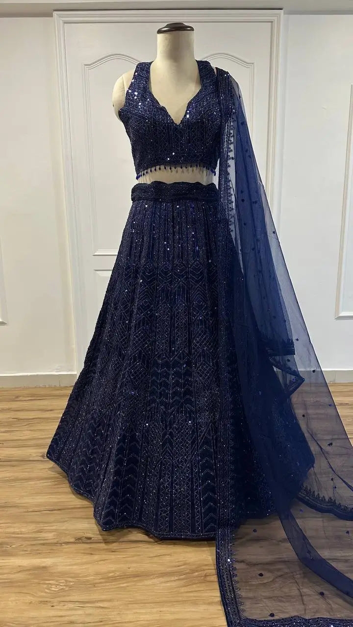 Navy Blue Net Lehenga Choli With Sequins & Dori Work