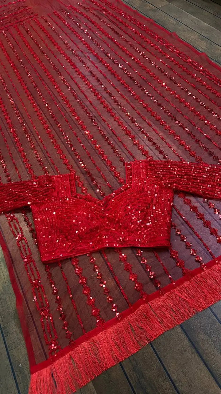 Red Net Saree With Sequins & Thread Work
