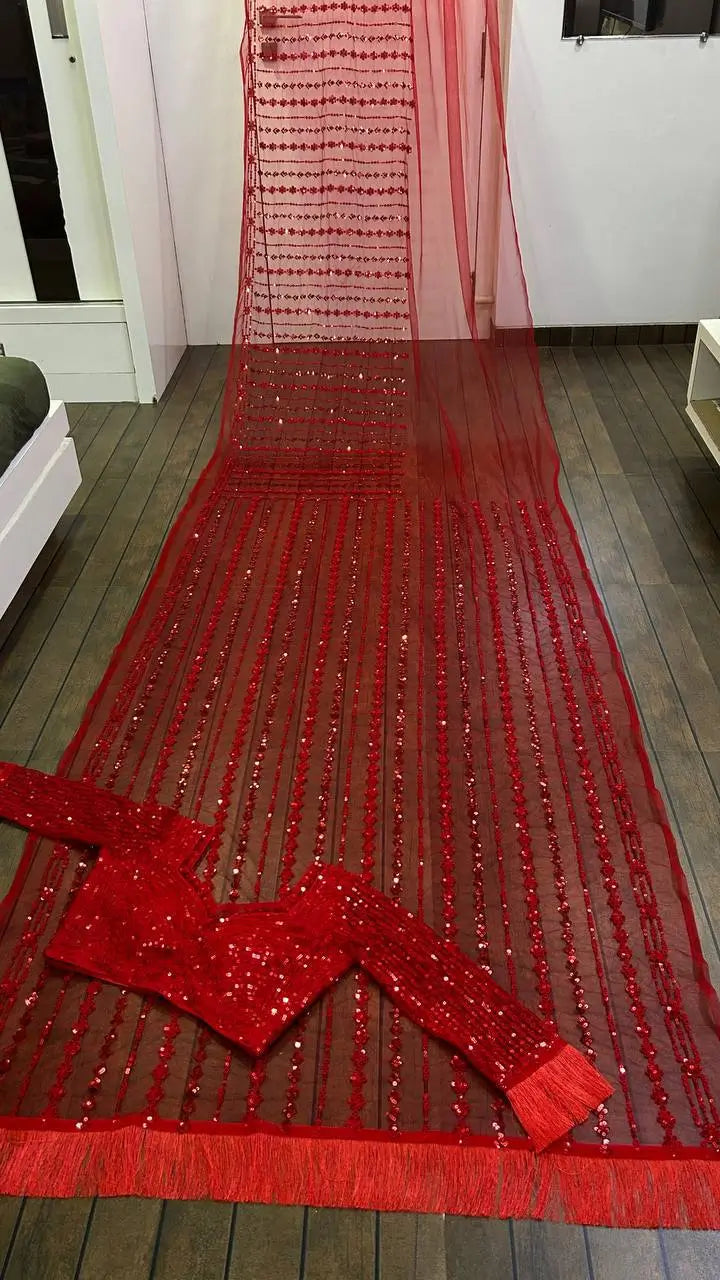 Red Net Saree With Sequins & Thread Work