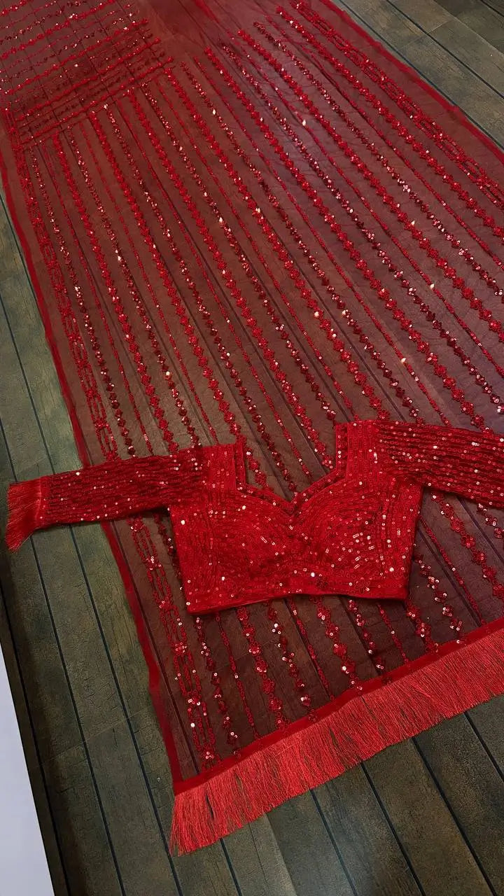 Red Net Saree With Sequins & Thread Work