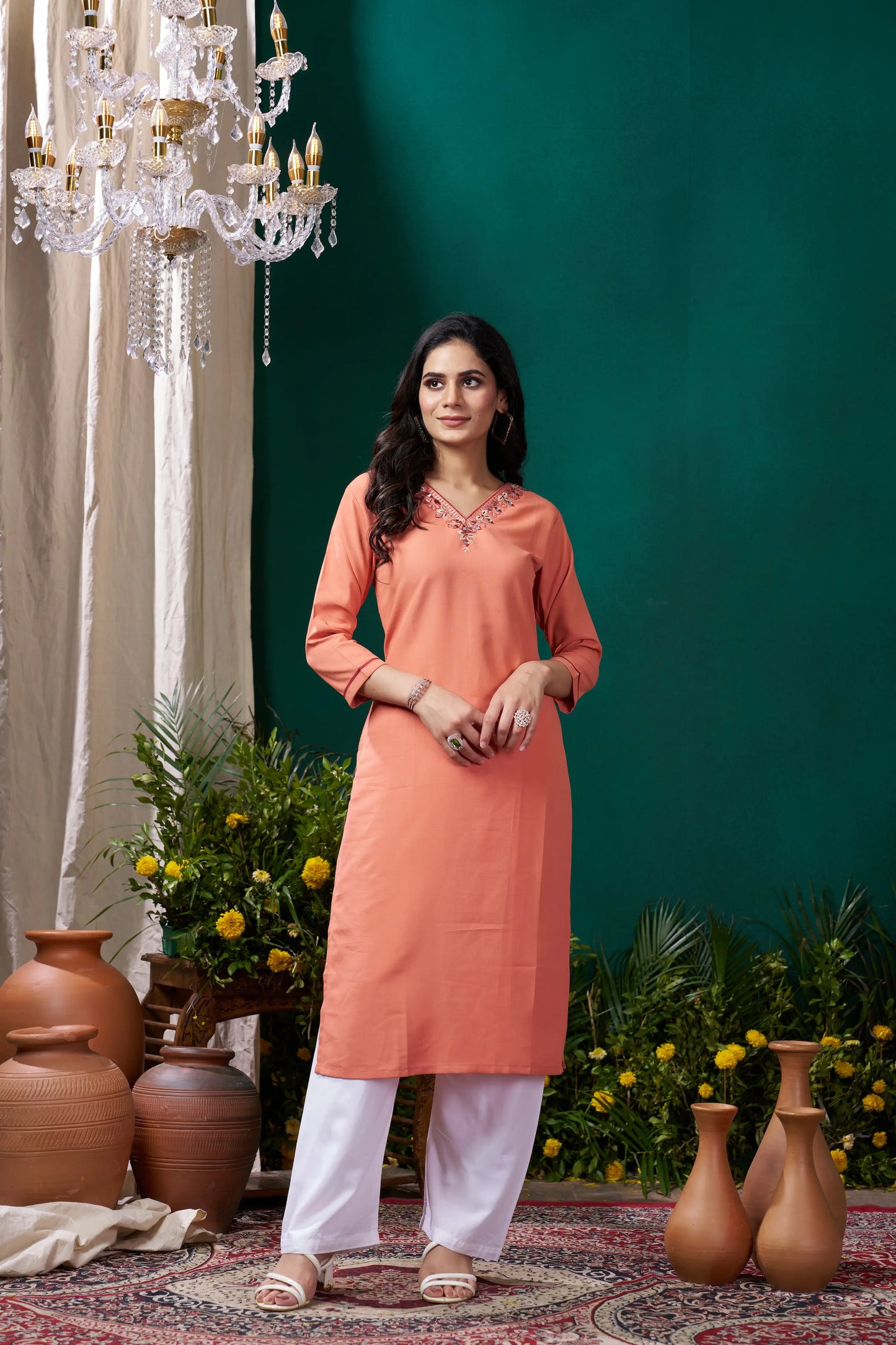 Peach Handwork Kurta Set With Pocket