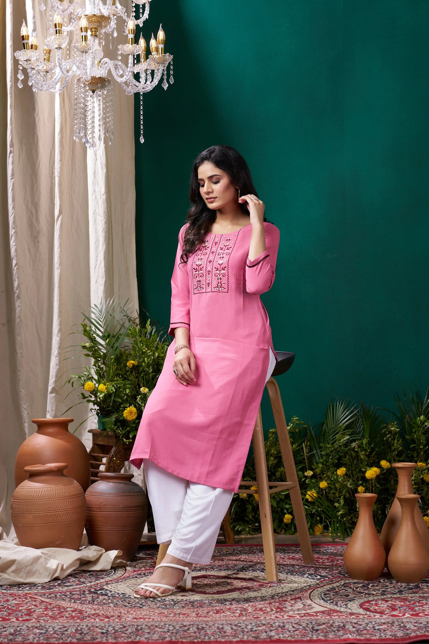 Rose Pink Handwork Kurta Set With Pocket