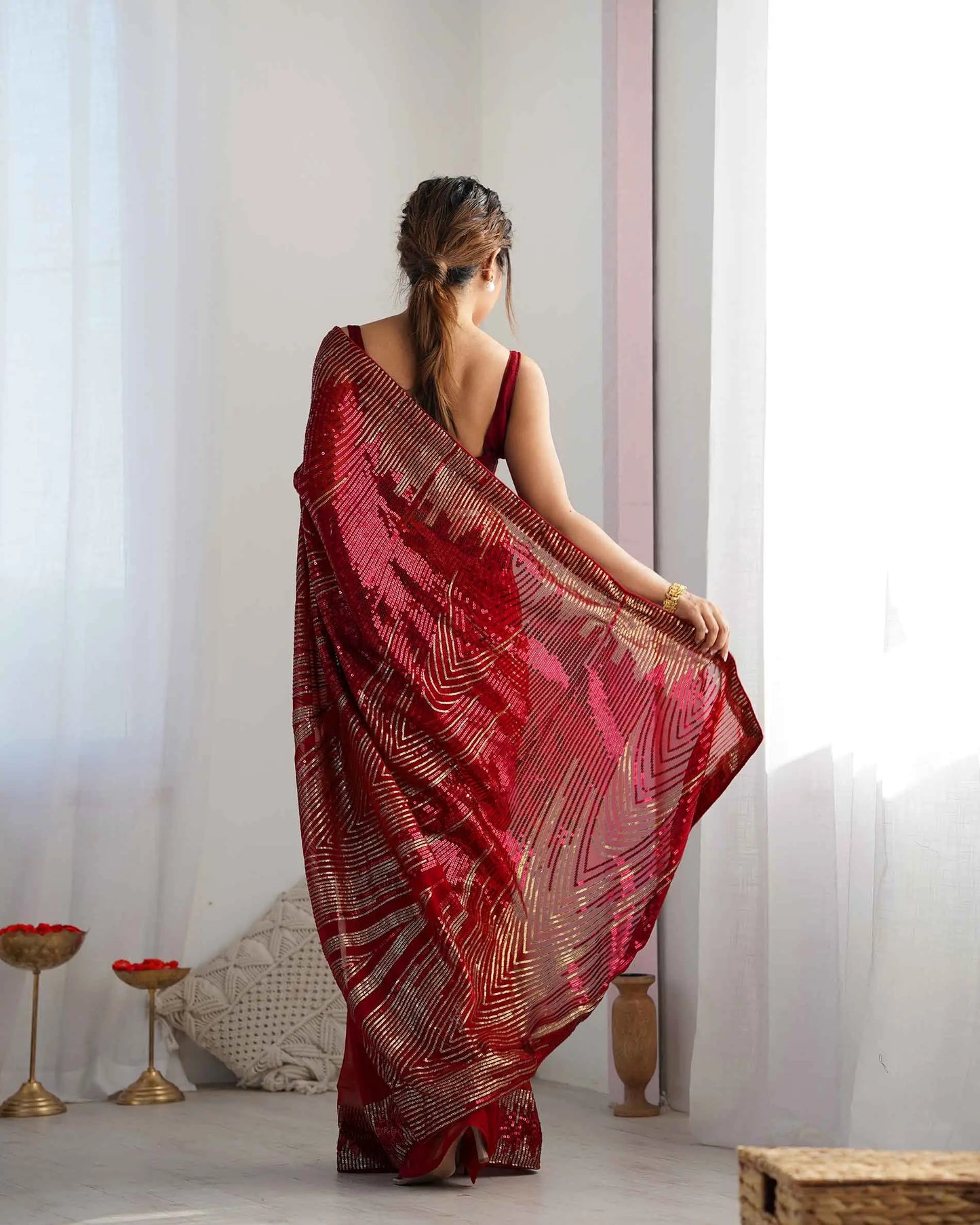 Stylish Red Georgette Sequins Embroidery Work Saree