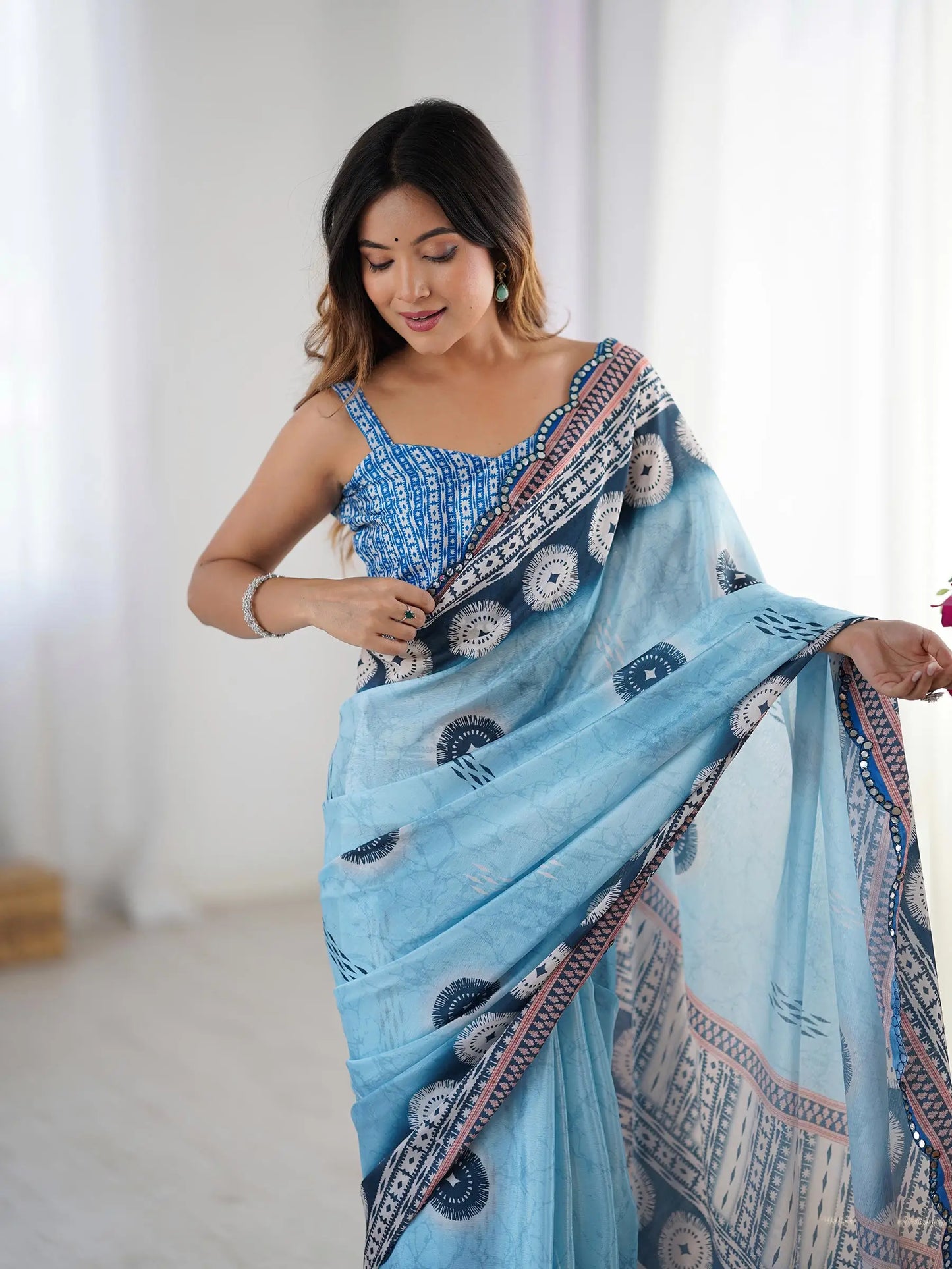 Sky Blue Chinon Saree with Designer Digital Print & Mirror Cut Work