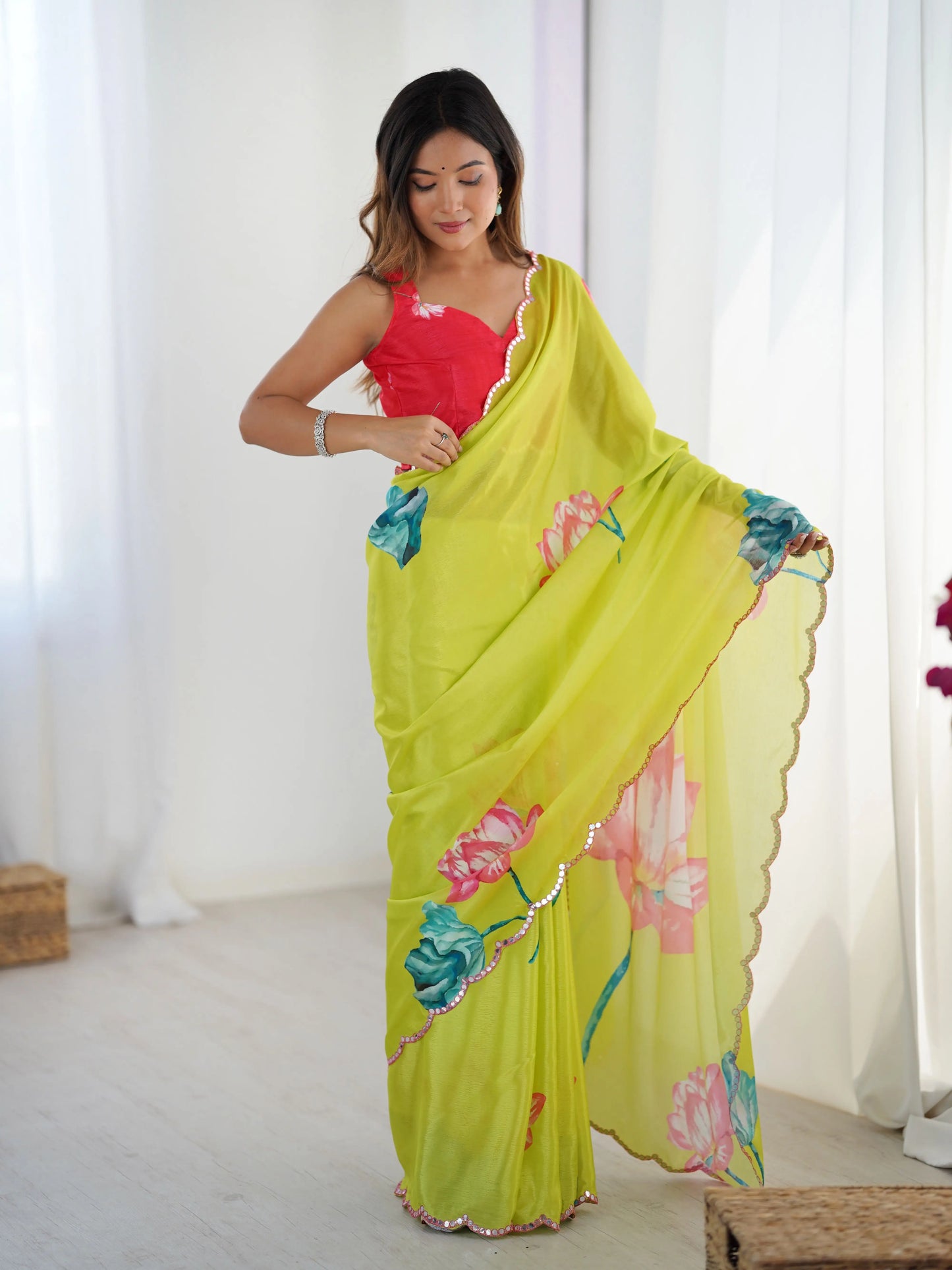 Neon Parrot Digital Floral Print With Mirror Cut Work Saree