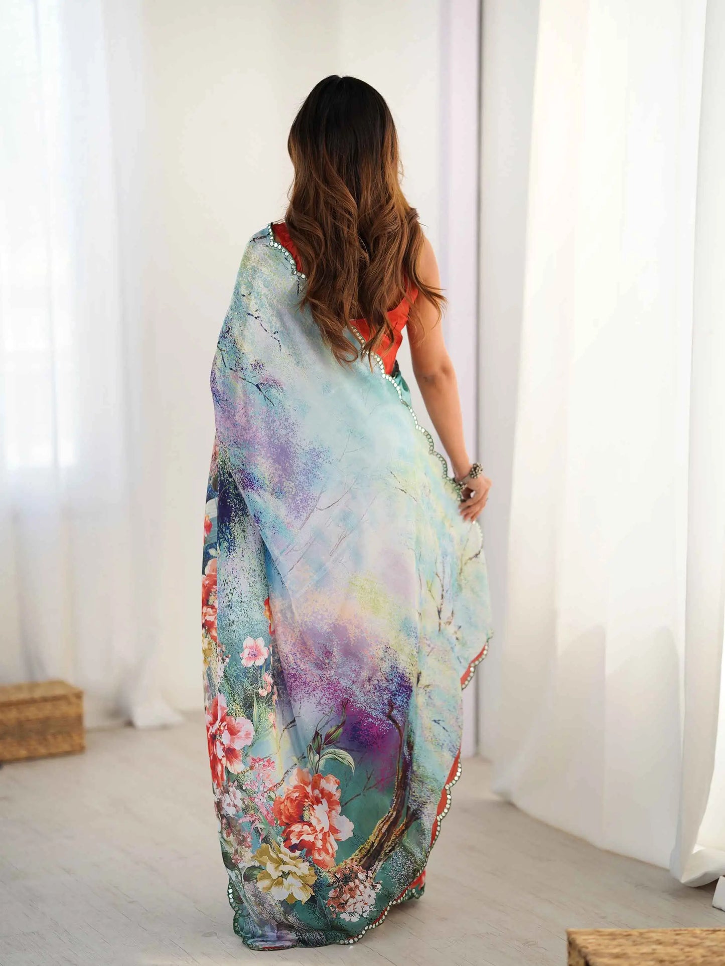 Greyish Teal Blue Digital Floral Print With Mirror Cut Work Saree