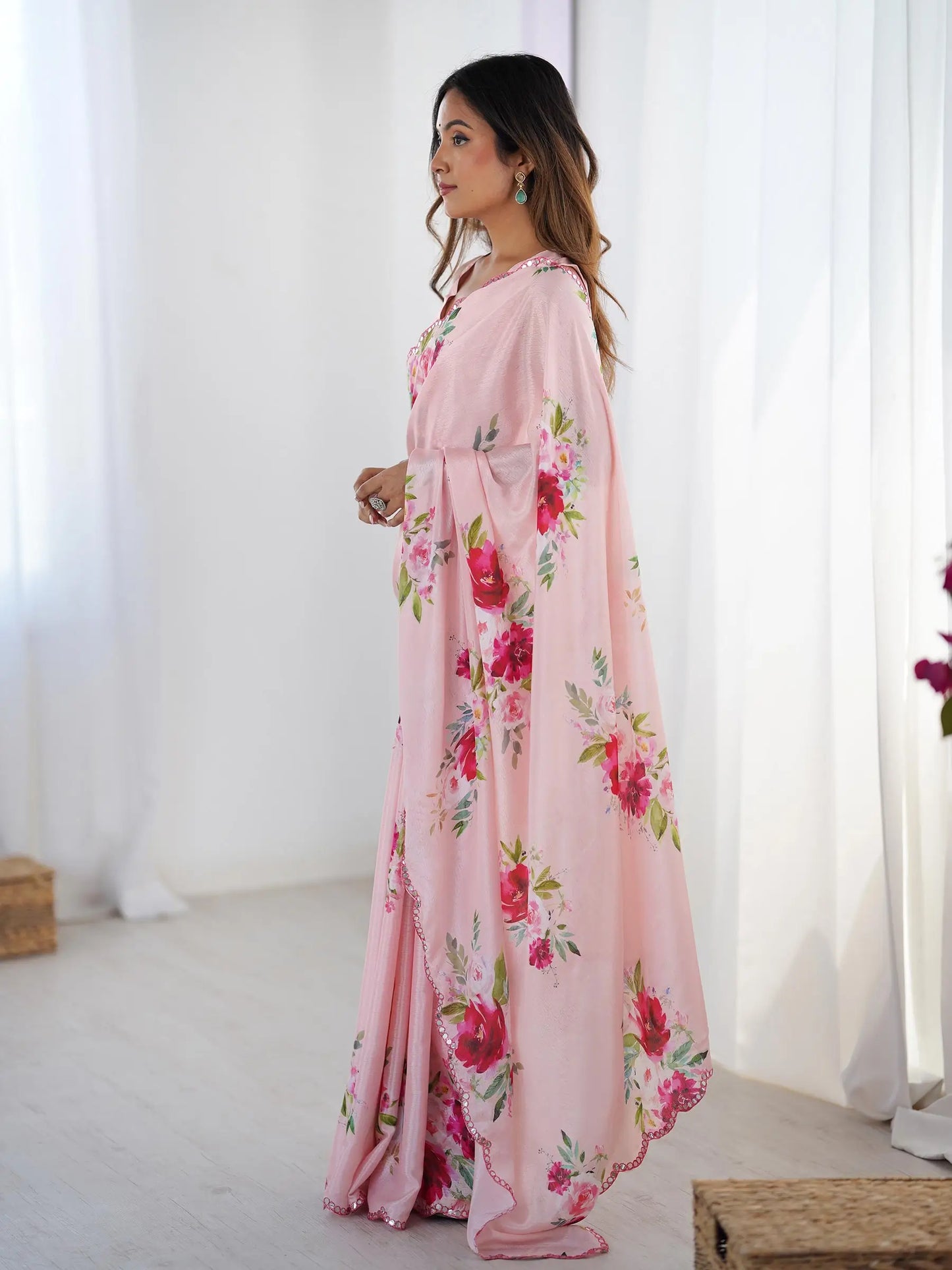 Pink Chinon Saree with Designer Digital Print & Mirror Cut Work