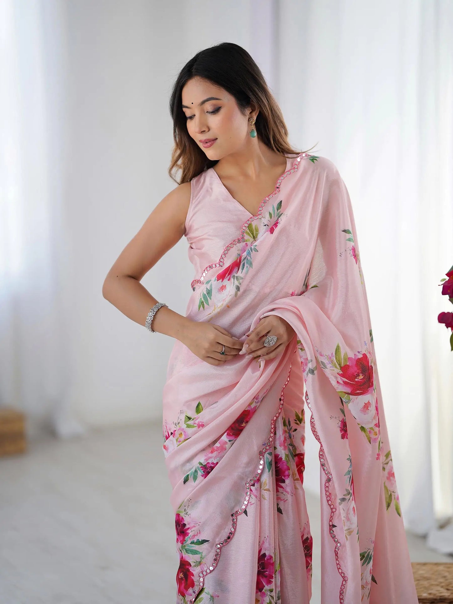 Pink Chinon Saree with Designer Digital Print & Mirror Cut Work