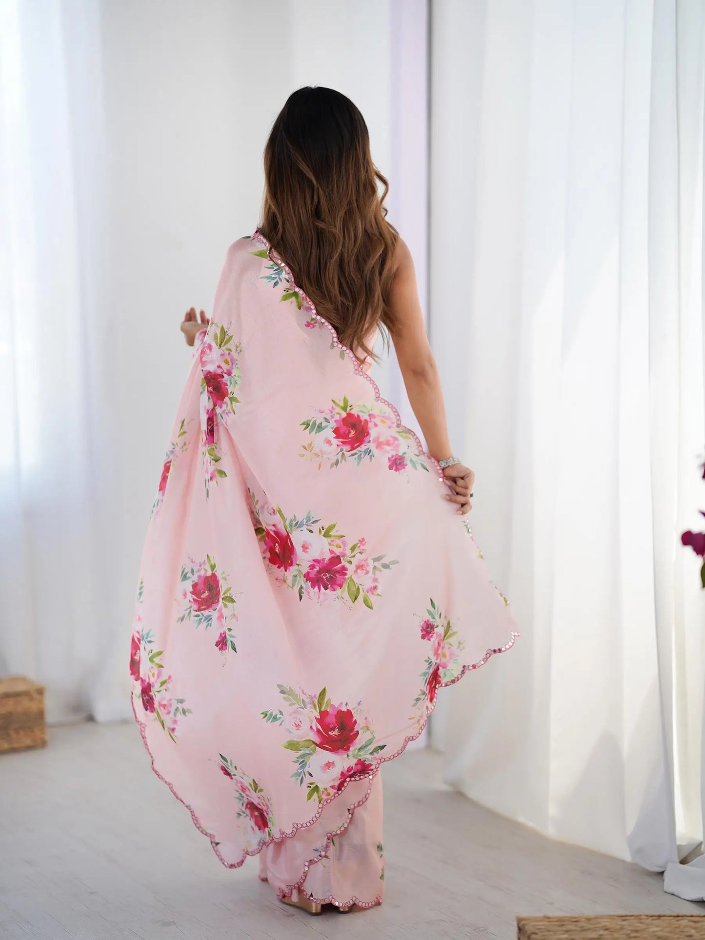 Pink Chinon Saree with Designer Digital Print & Mirror Cut Work