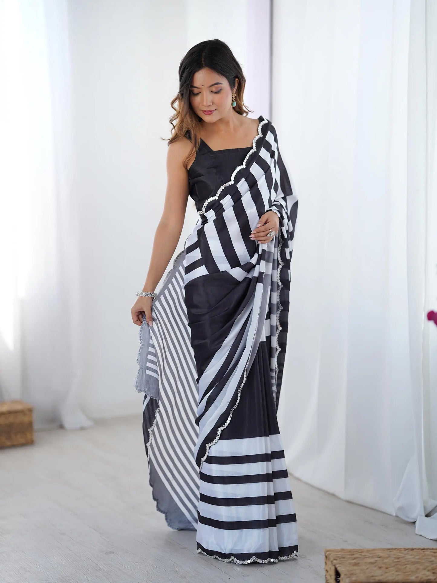 Black Chinon Saree with Designer Digital Print & Mirror Cut Work