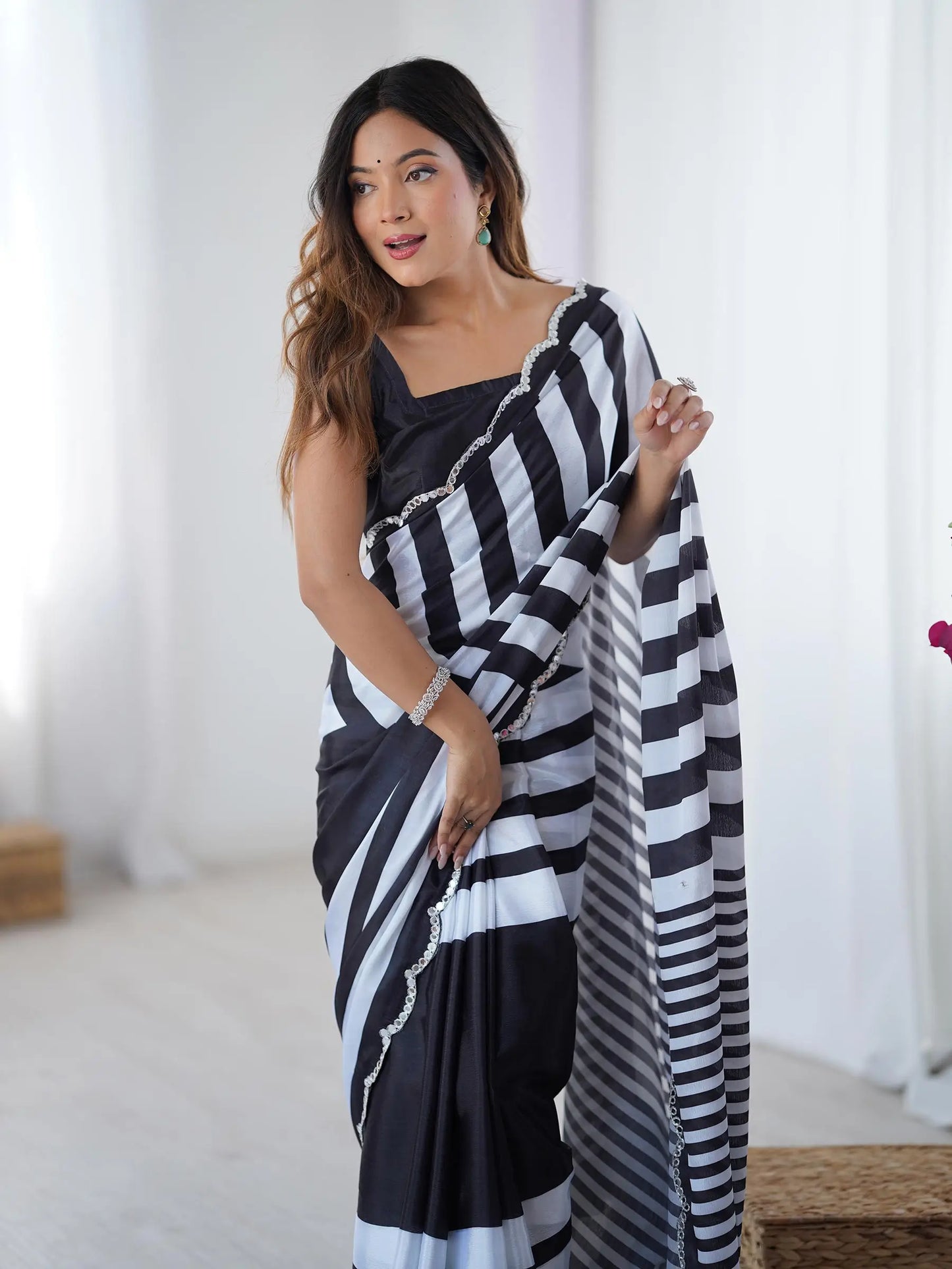 Black Chinon Saree with Designer Digital Print & Mirror Cut Work