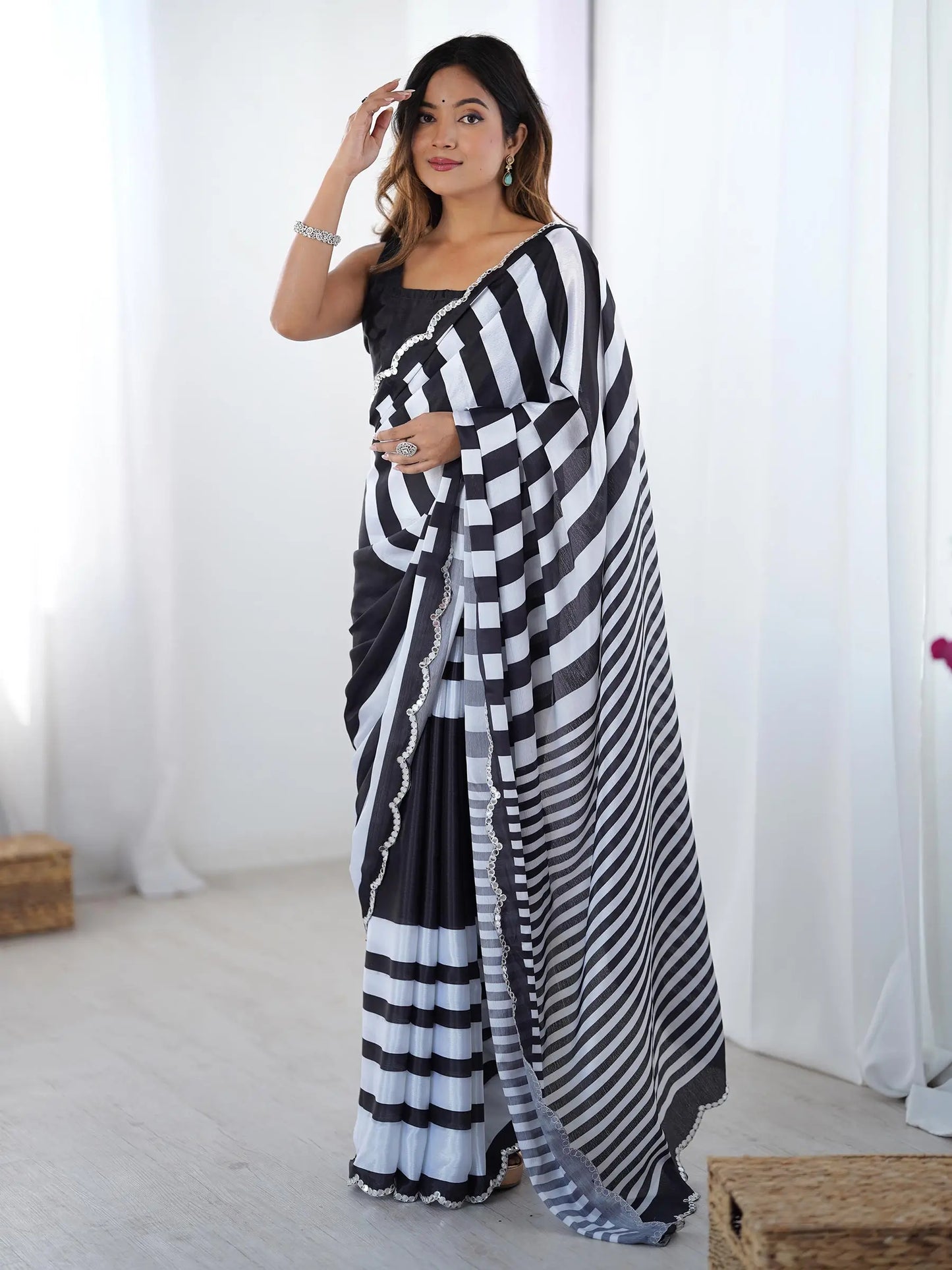 Black Chinon Saree with Designer Digital Print & Mirror Cut Work