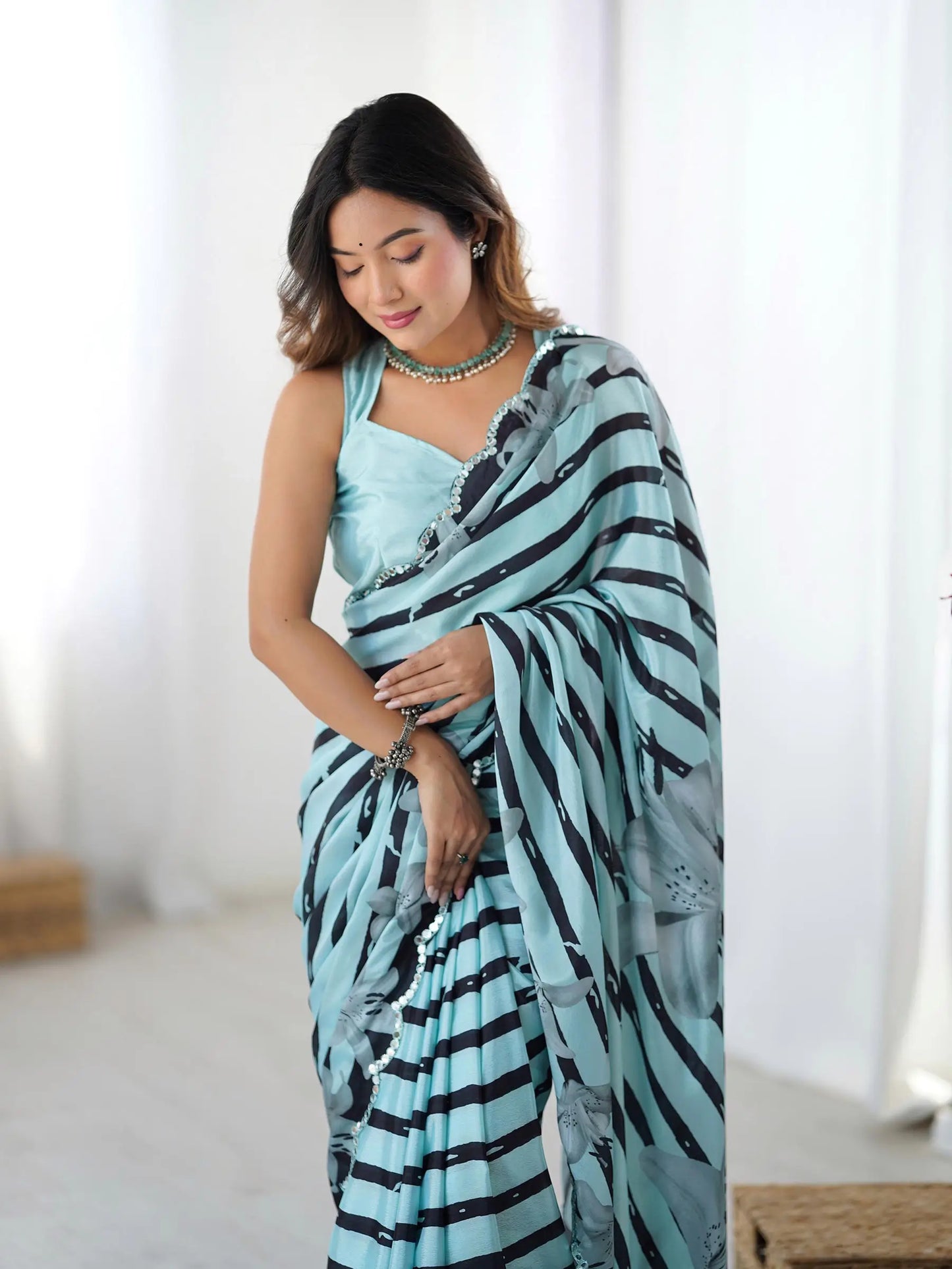 Aqua Blue Chinon Saree with Designer Digital Print & Mirror Cut Work