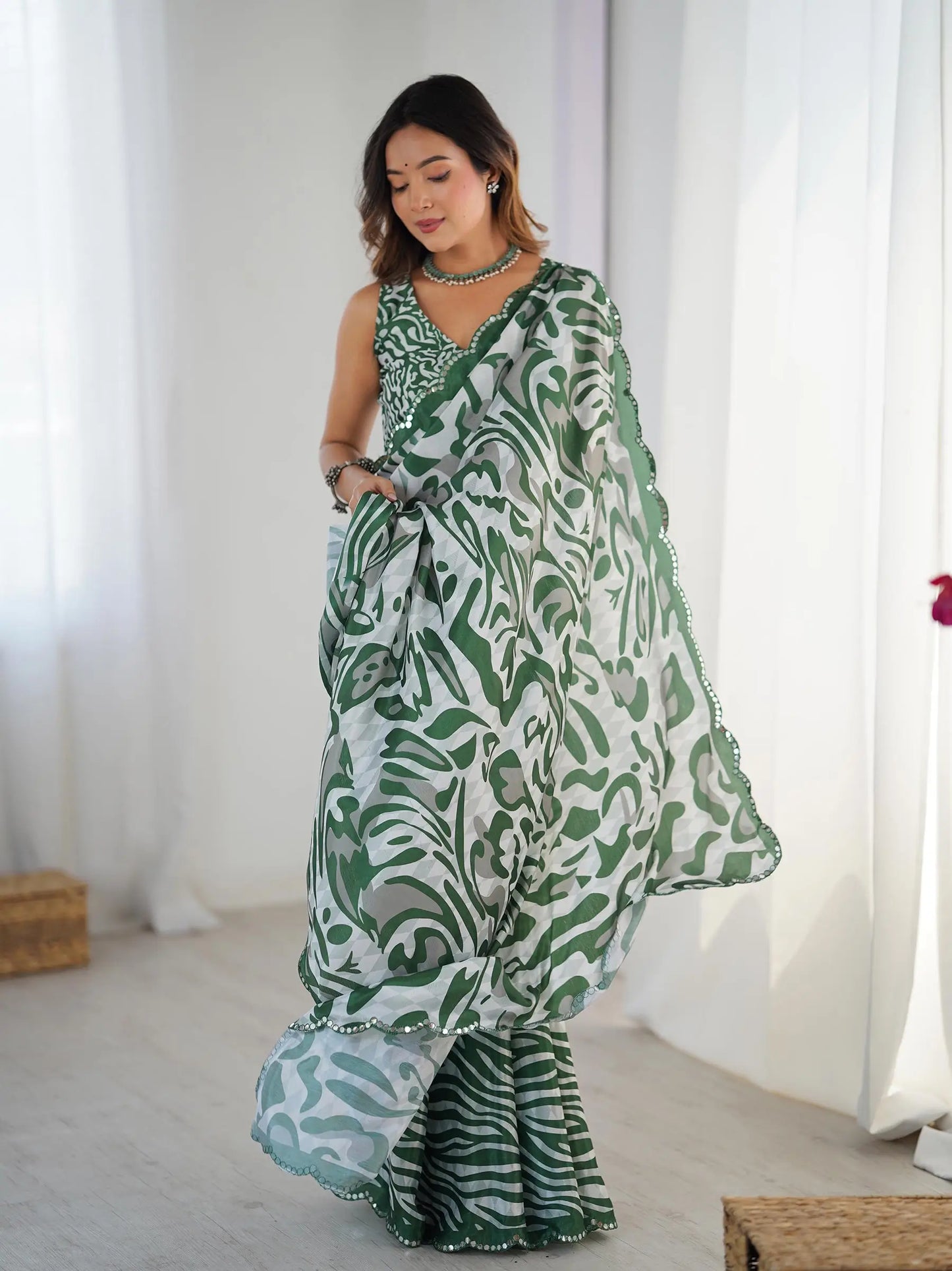 Green Chinon Saree with Designer Digital Print & Mirror Cut Work