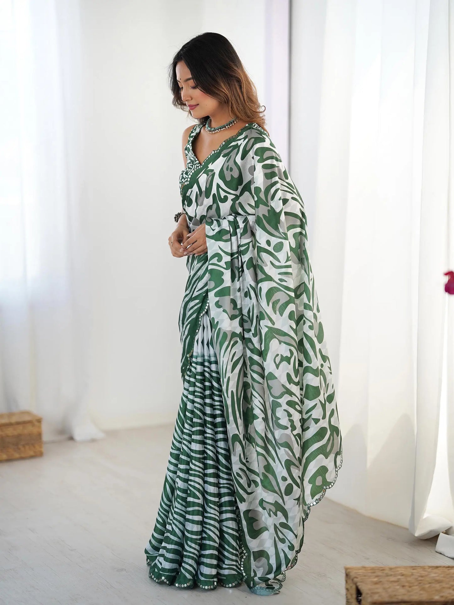 Green Chinon Saree with Designer Digital Print & Mirror Cut Work