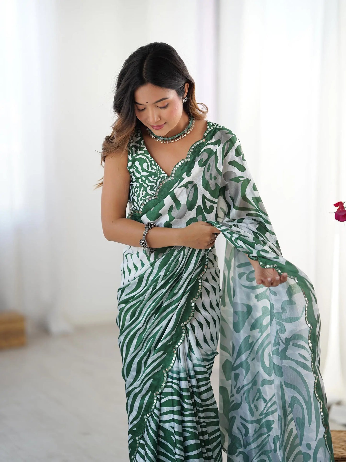 Green Chinon Saree with Designer Digital Print & Mirror Cut Work