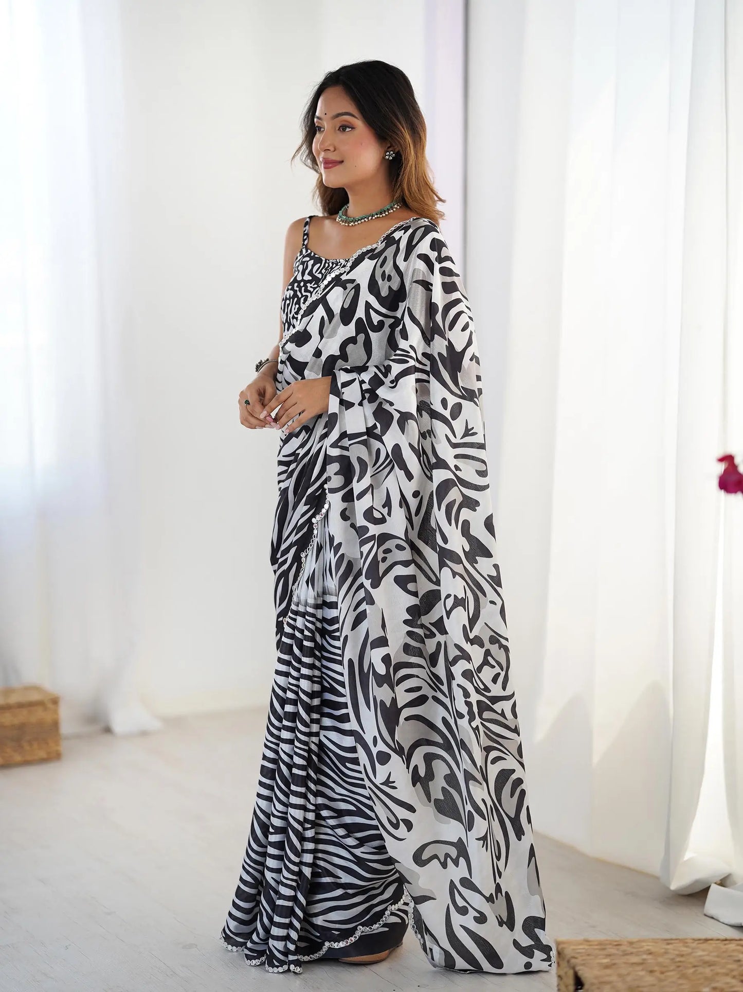 Black Chinon Saree with Designer Digital Print & Mirror Cut Work