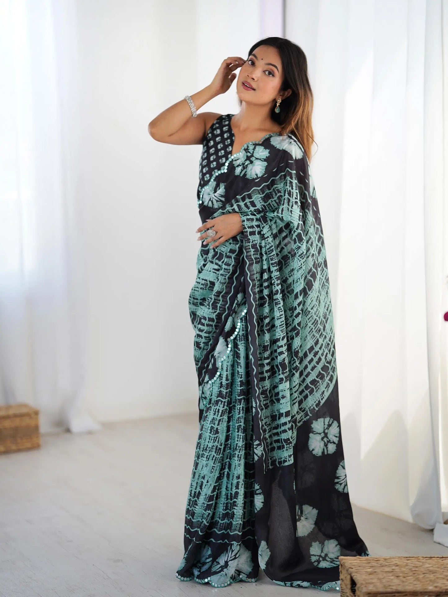 Green Chinon Saree with Designer Digital Print & Mirror Cut Work