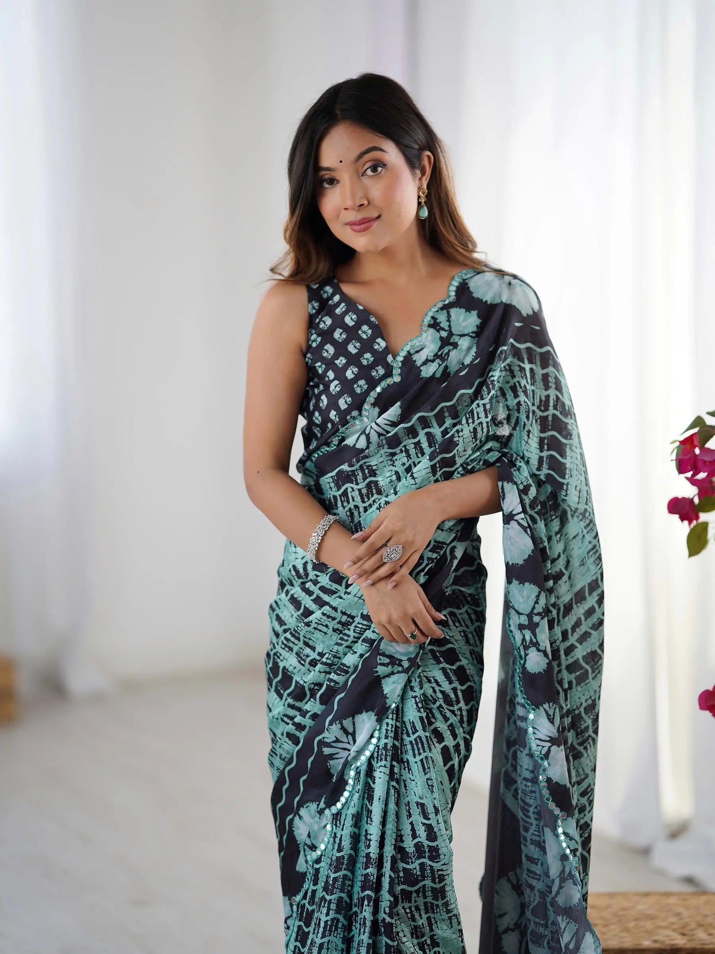 Green Chinon Saree with Designer Digital Print & Mirror Cut Work