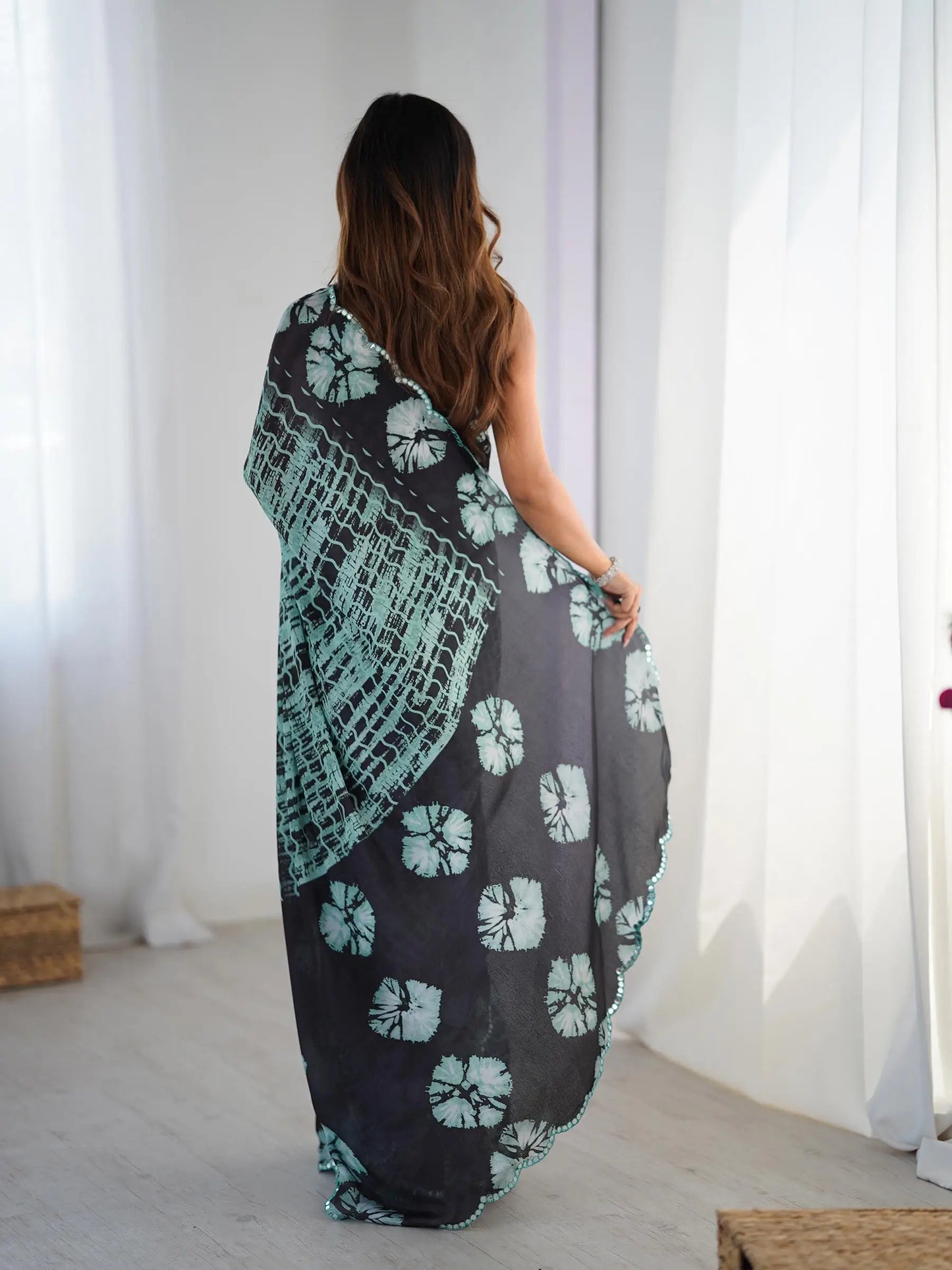 Green Chinon Saree with Designer Digital Print & Mirror Cut Work
