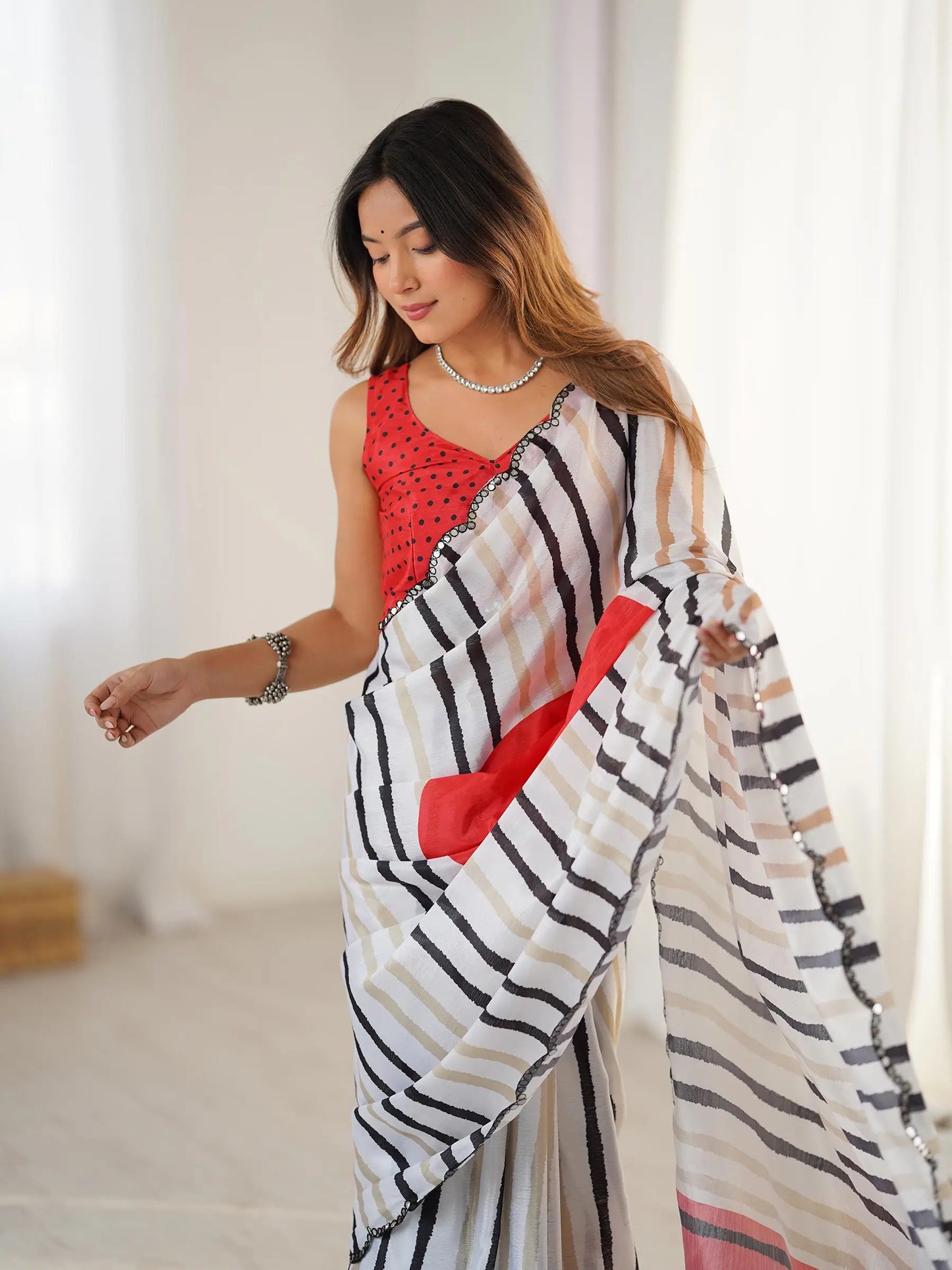 White Chinon Saree with Designer Digital Print & Mirror Cut Work