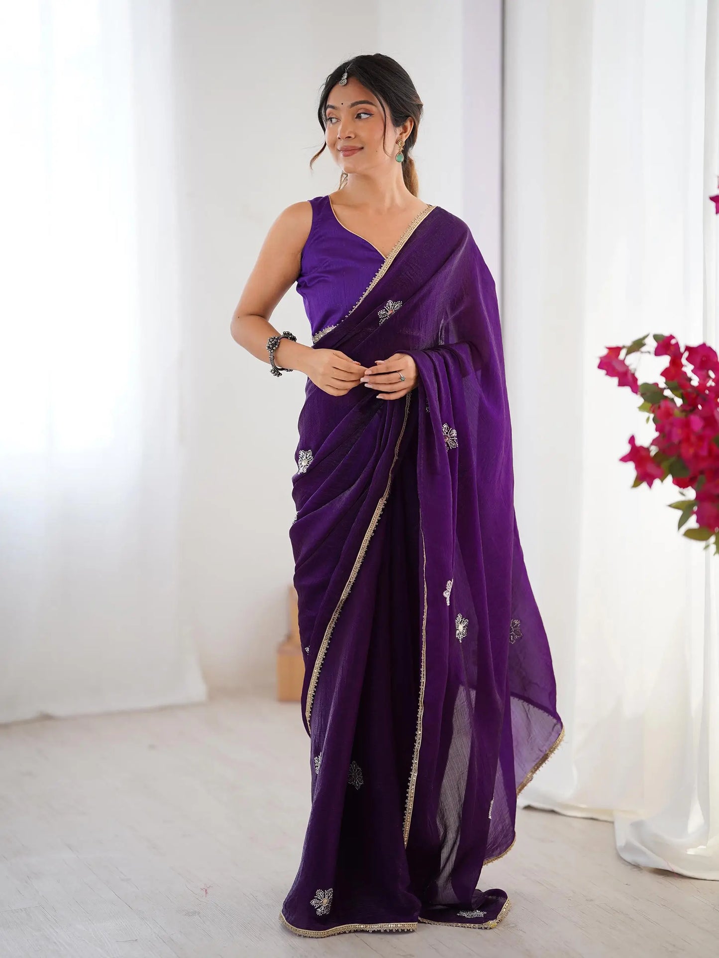 Dark Purple Designer Fendy Saree with Beads & Sequin Work
