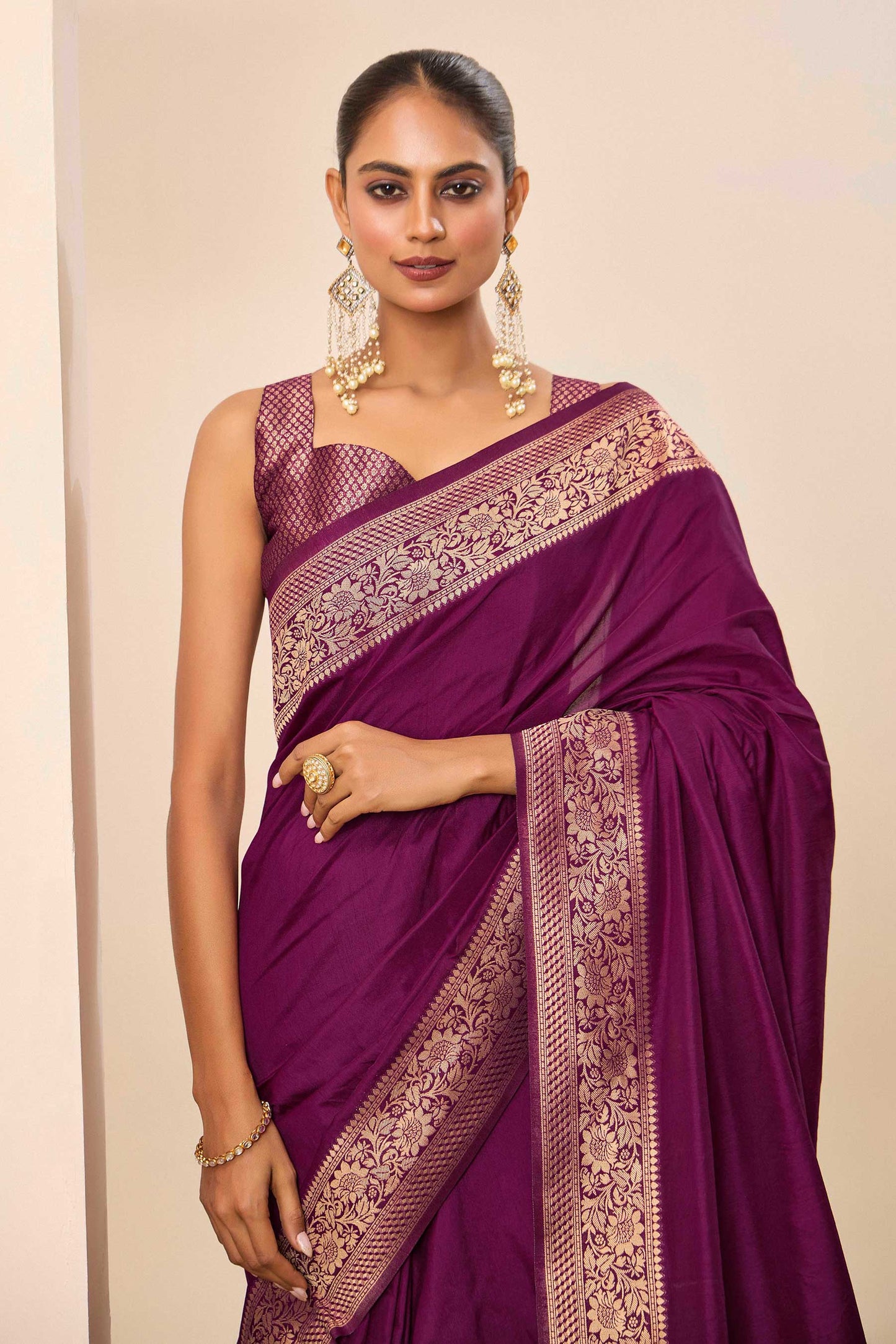 Wine Dolla Silk with Wevon Galla Designer Work Saree