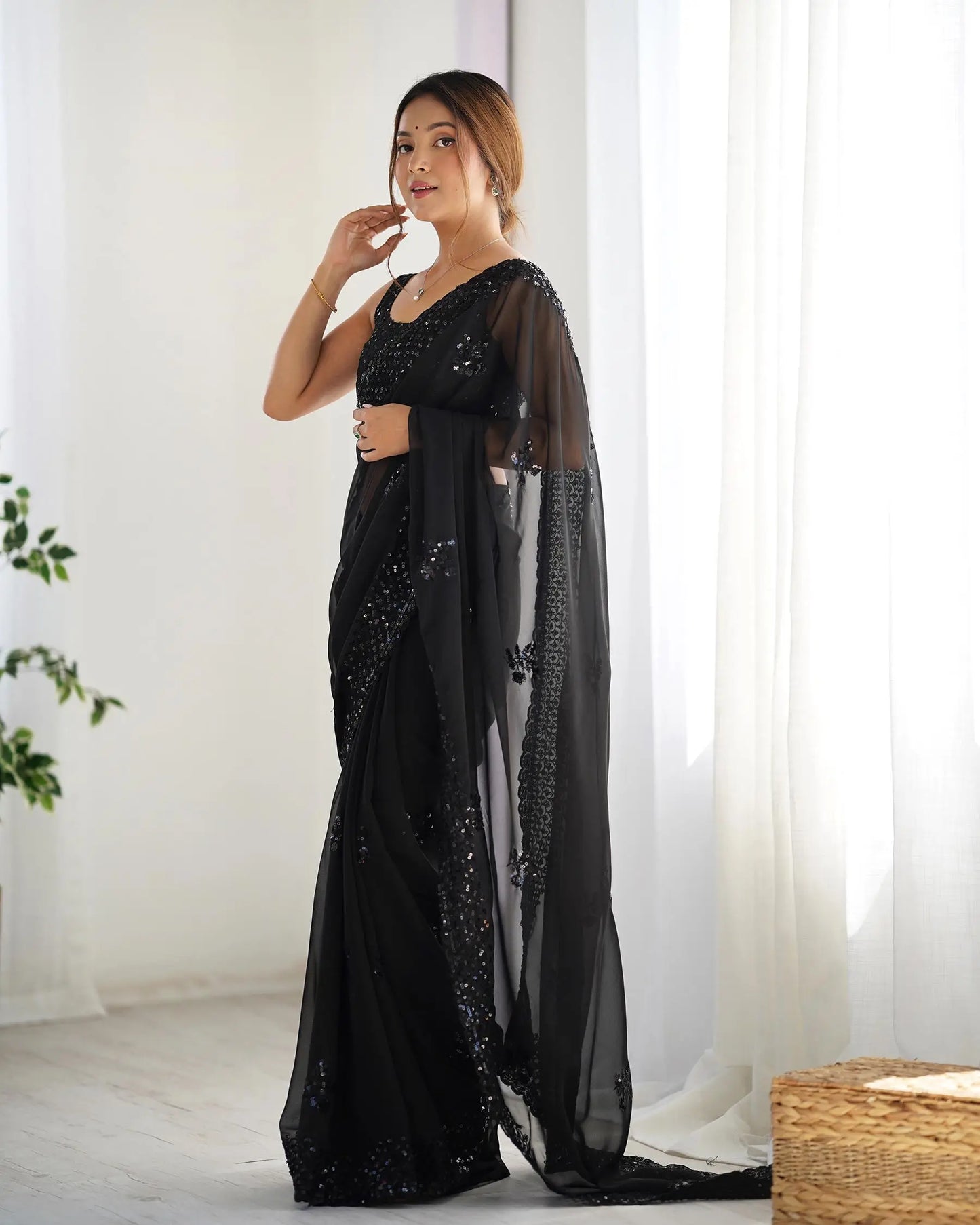 Black Party Wear Saree With Sequence & Thread Embroidery Work