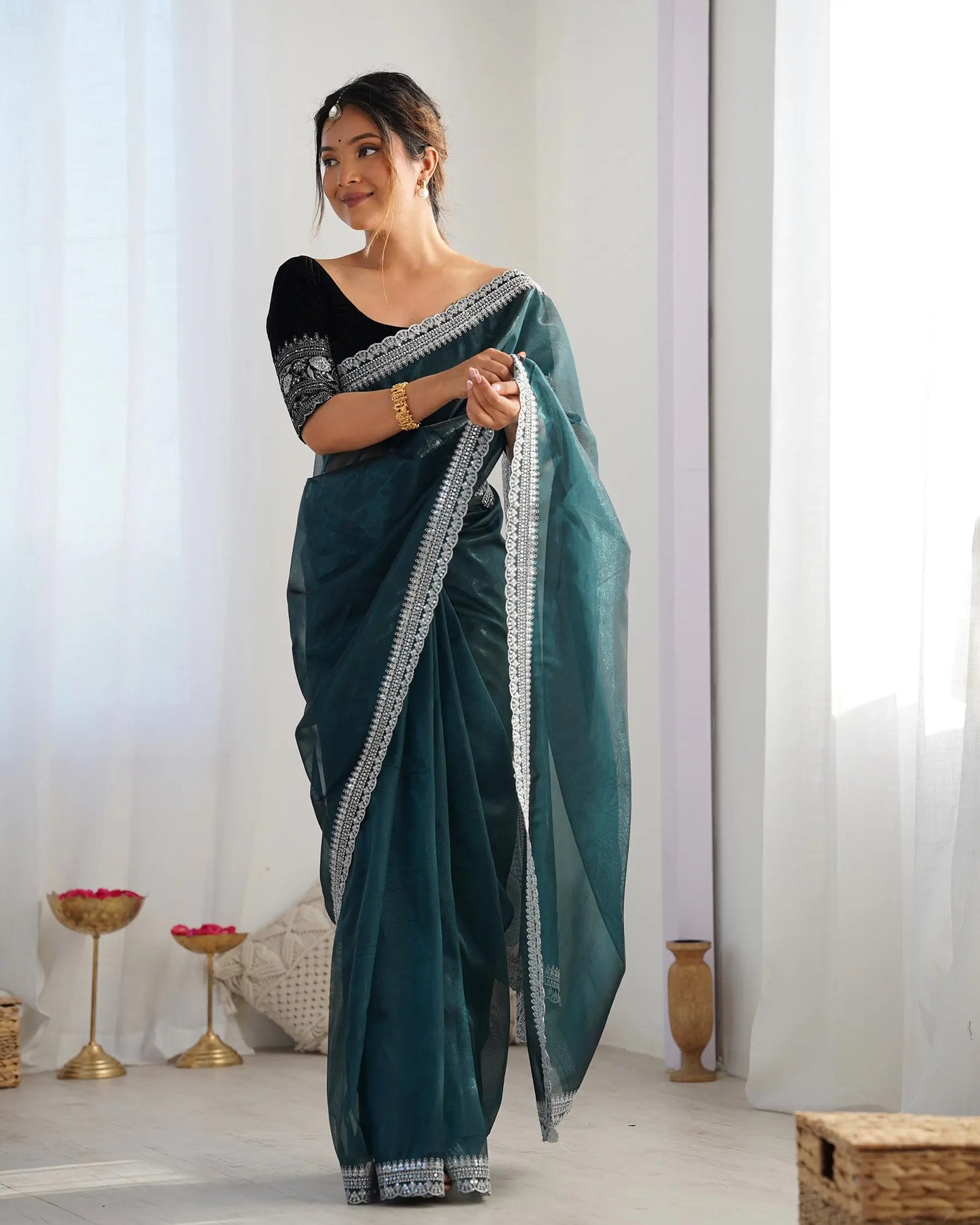 Green Gold Jari & Sequance Embroidery Work Saree