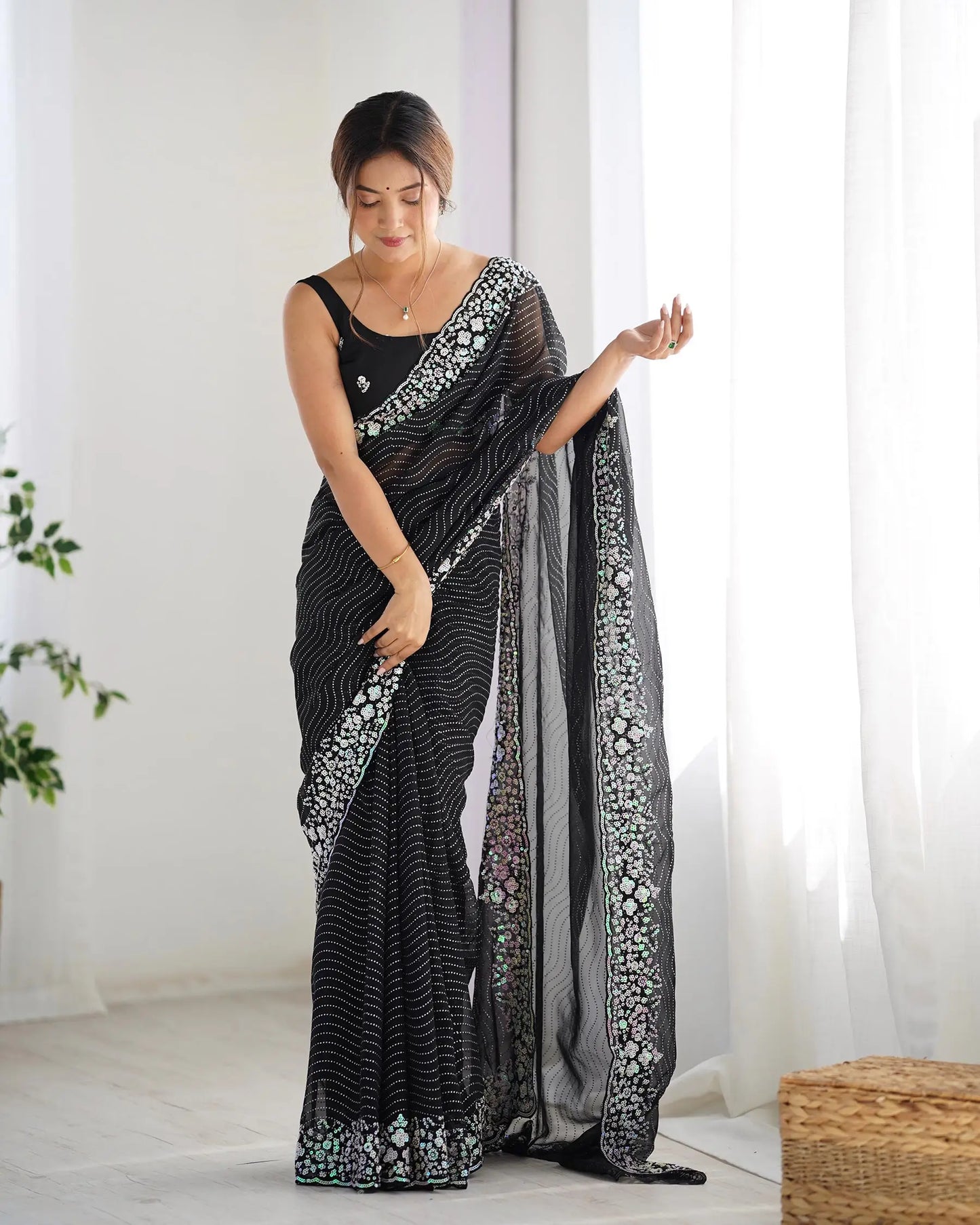 Black Sequance Embroidery Work Designer Saree