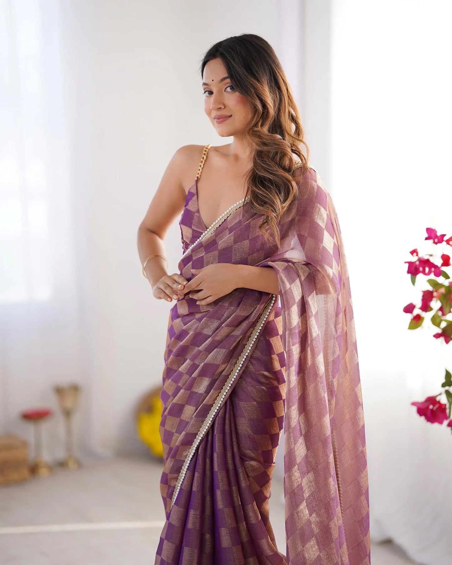 Gold Wine Chiffon Chex Designer Saree