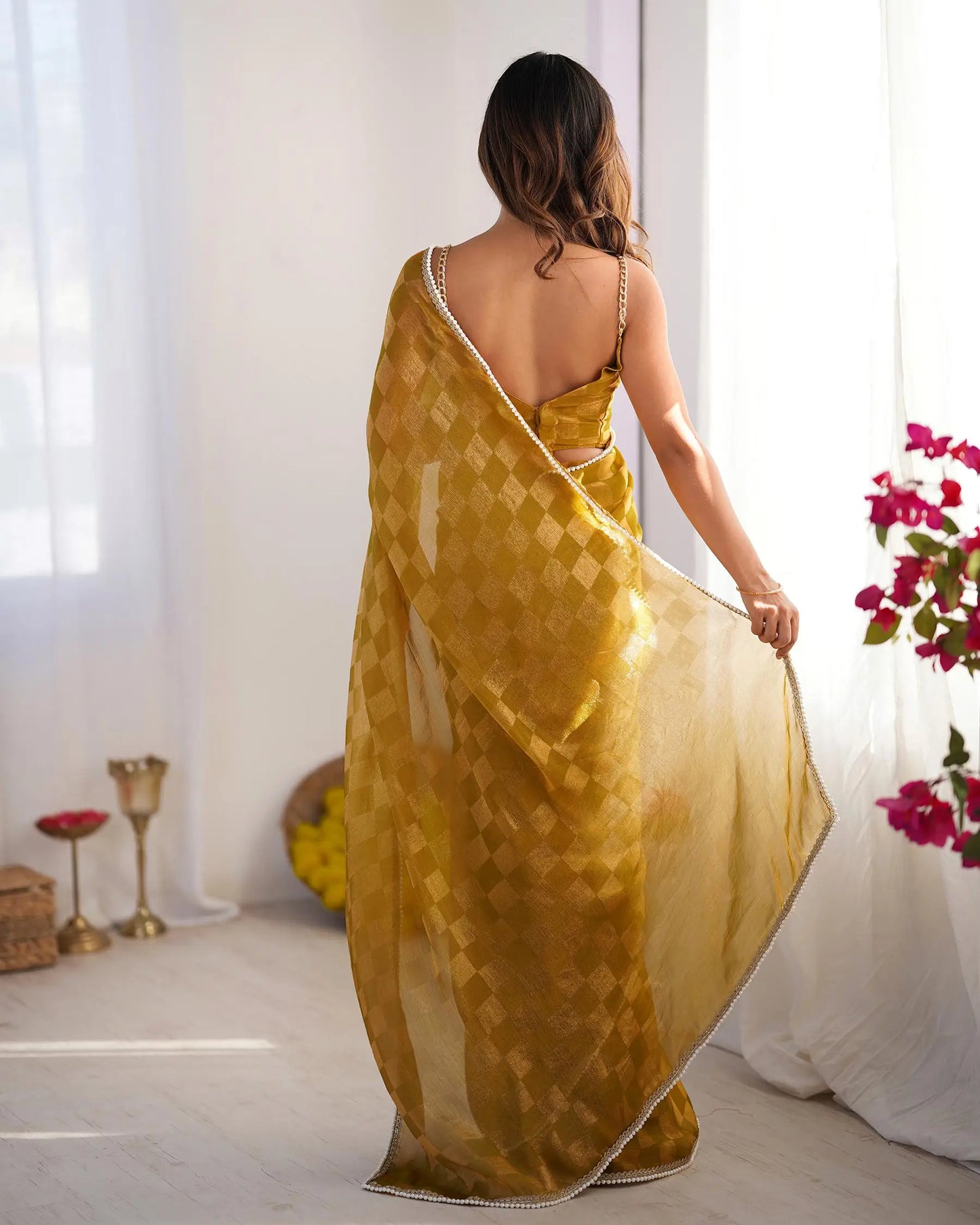 Mustard Yellow Chiffon Chex Designer Saree